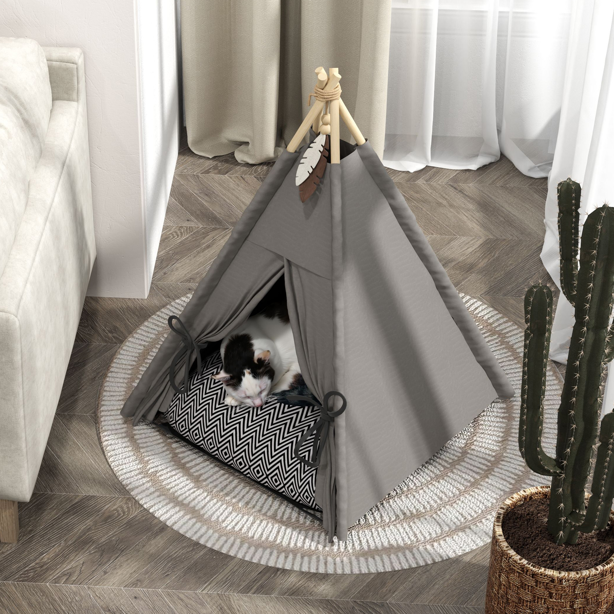 Tipi-Zelt für Haustiere, Tierbett im Tipi-Design, Katzenzelt mit Kissen, Hundebett zum Schlafen, Katzenbett, Grau
