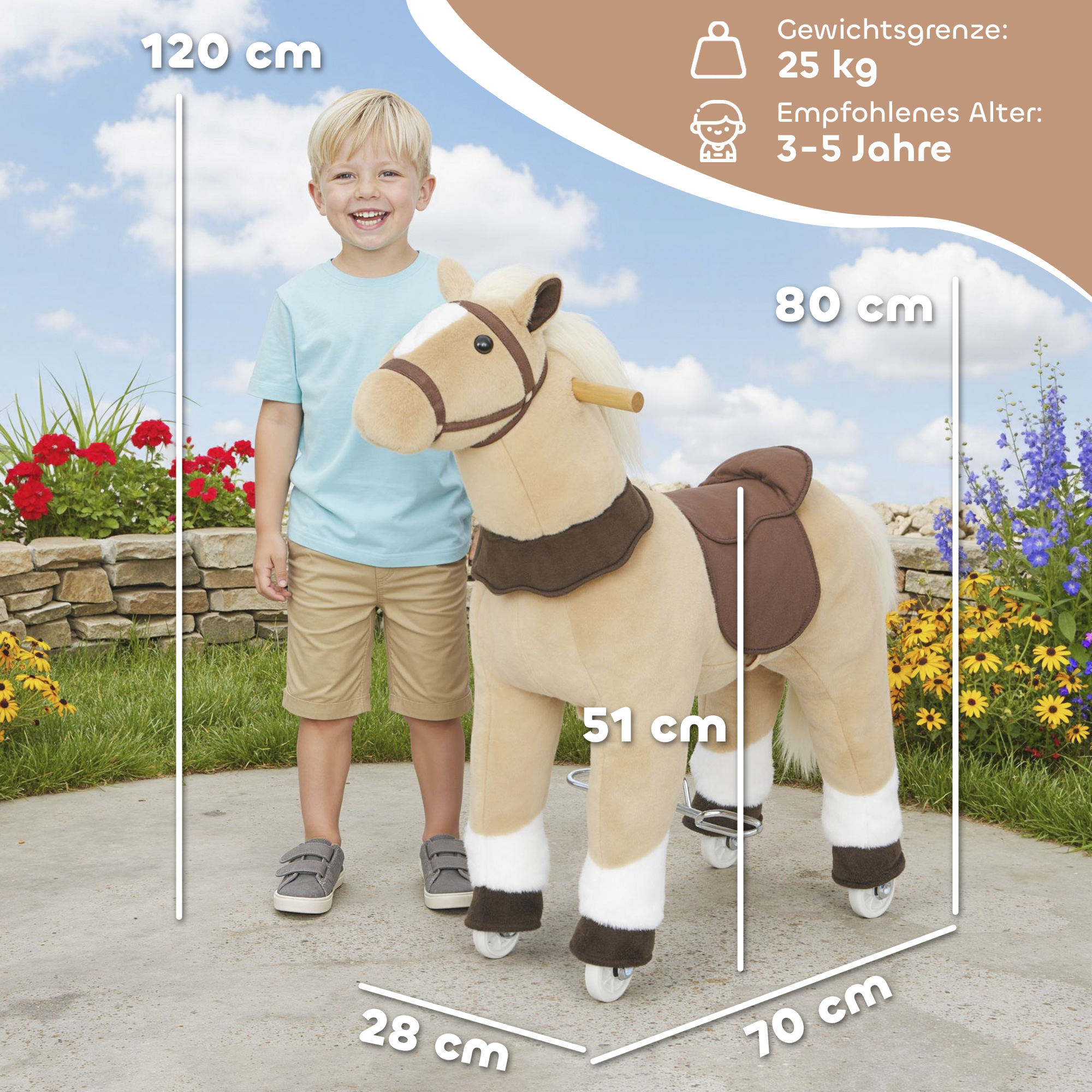 Reitpferd für Kinder, Stoffbezug, stabiler Rahmen, sanfte Räder, Schaukelpferd, 3-5 Jahre, Braun