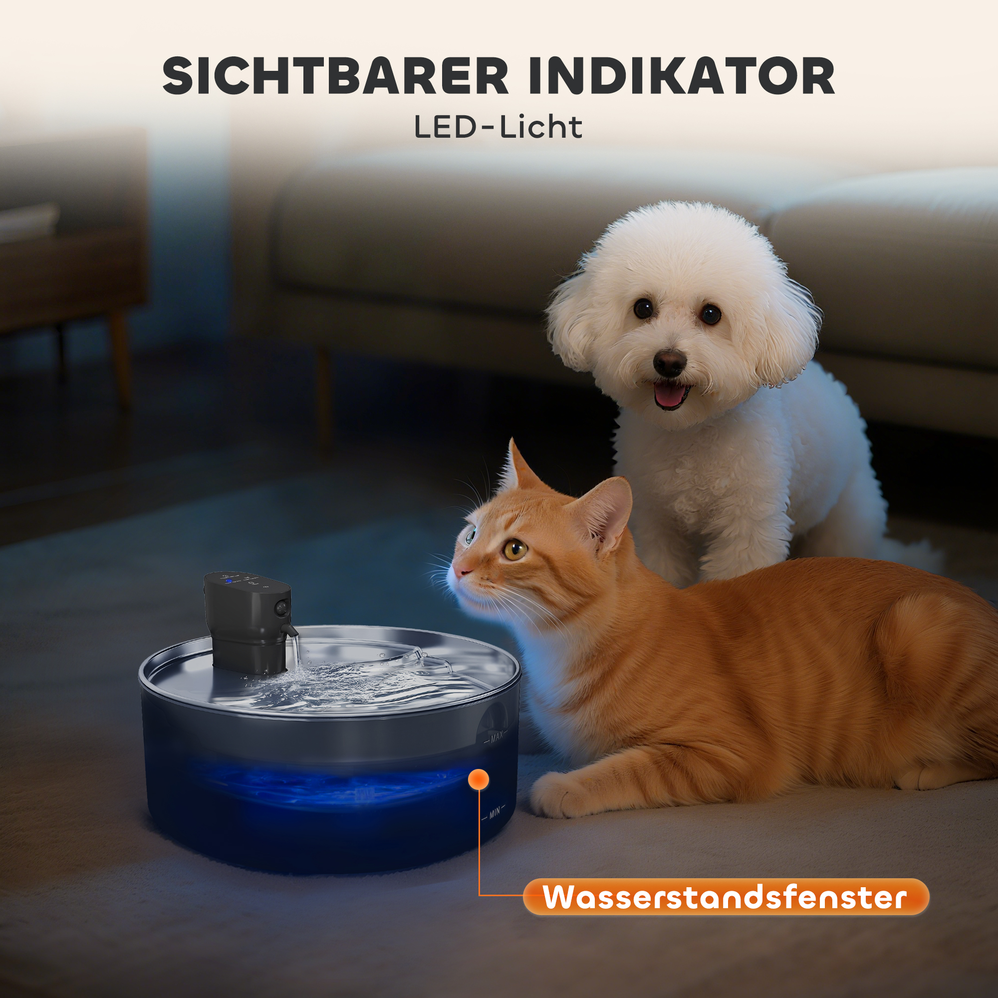Katzenbrunnen, 7l, Trinkbrunnen für Katzen, mit leiser Pumpe LED Aktivkohlefilter Edelstahl 30,6 x 30,6 x 17,2 cm