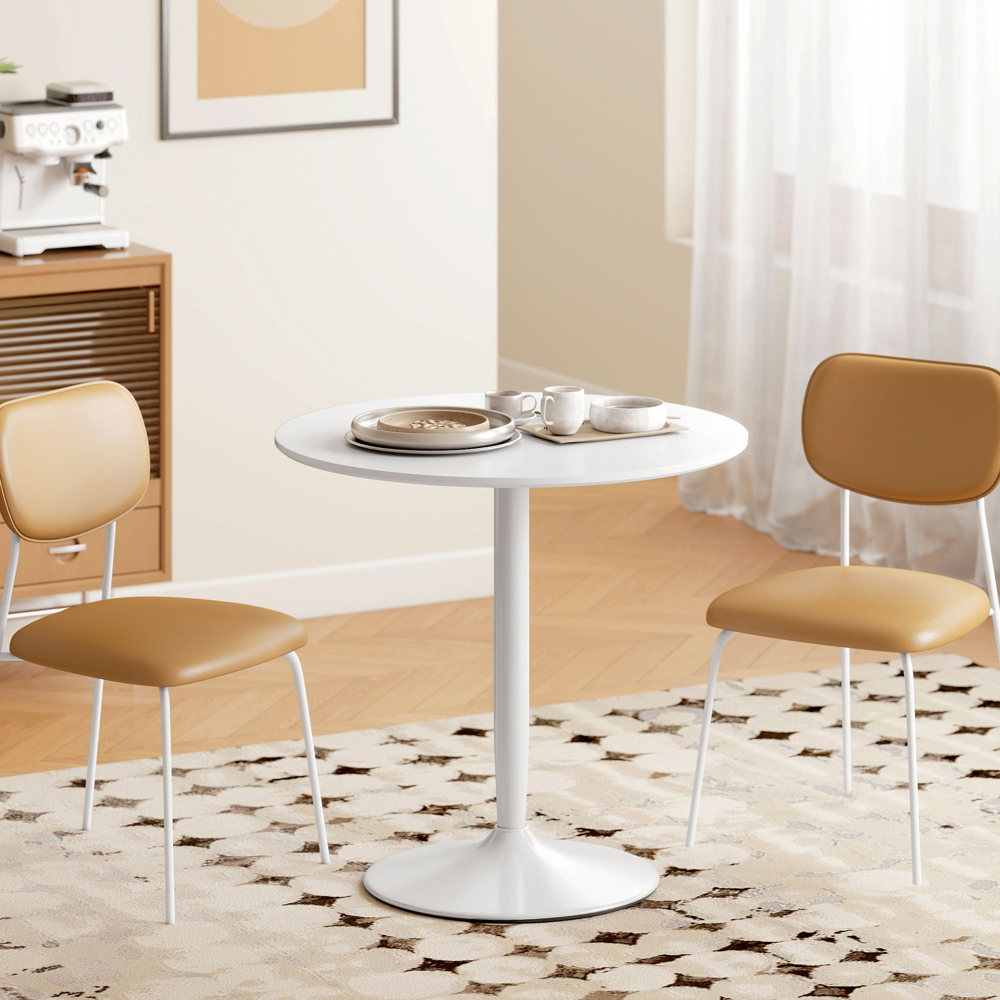 Esstisch für 2 Personen, runde Tischplatte Ø80 cm, MDF und Stahl, rutschfest, Weiß, 75H cm