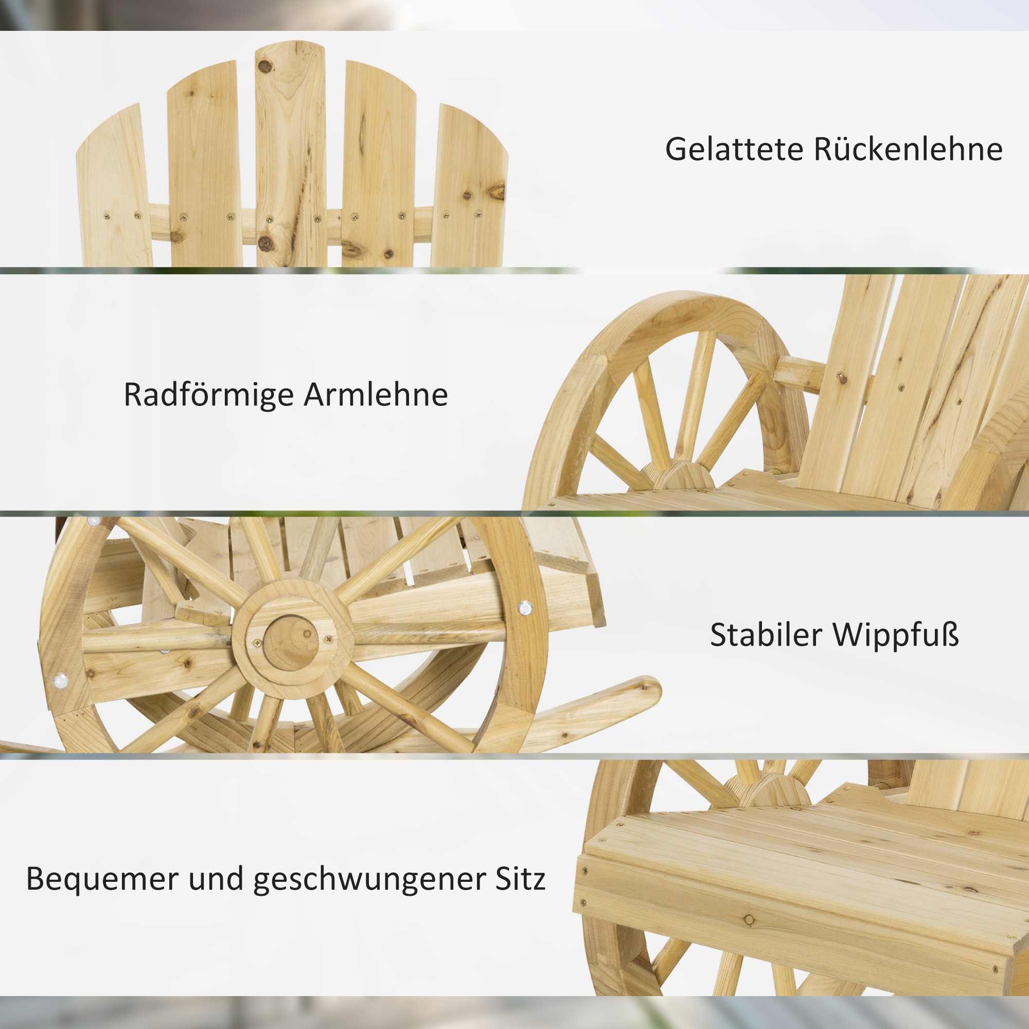 Rustikaler Schaukelstuhl, Gartenstuhl, Wagenrad-Design, wetterfest, Tannenholz, 68 x 88 x 92 cm