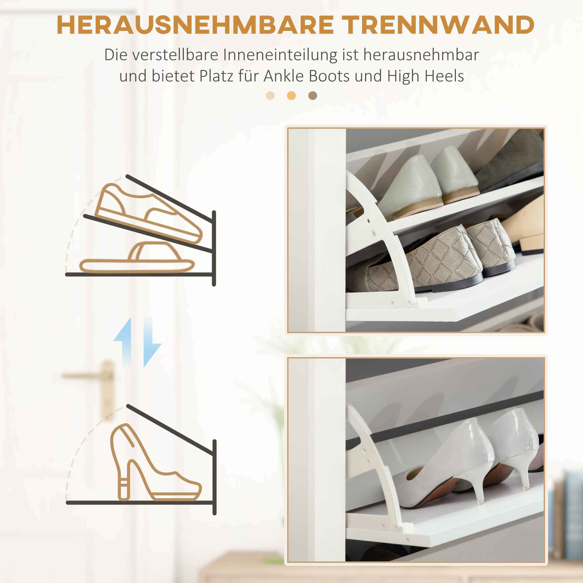 Schuhschrank Schruhregal Schuhaufbewahrung, 3 Fächer, 18 Paar Schuhe,  72 cm x 26 cm x 112 cm, Weiß + Braun