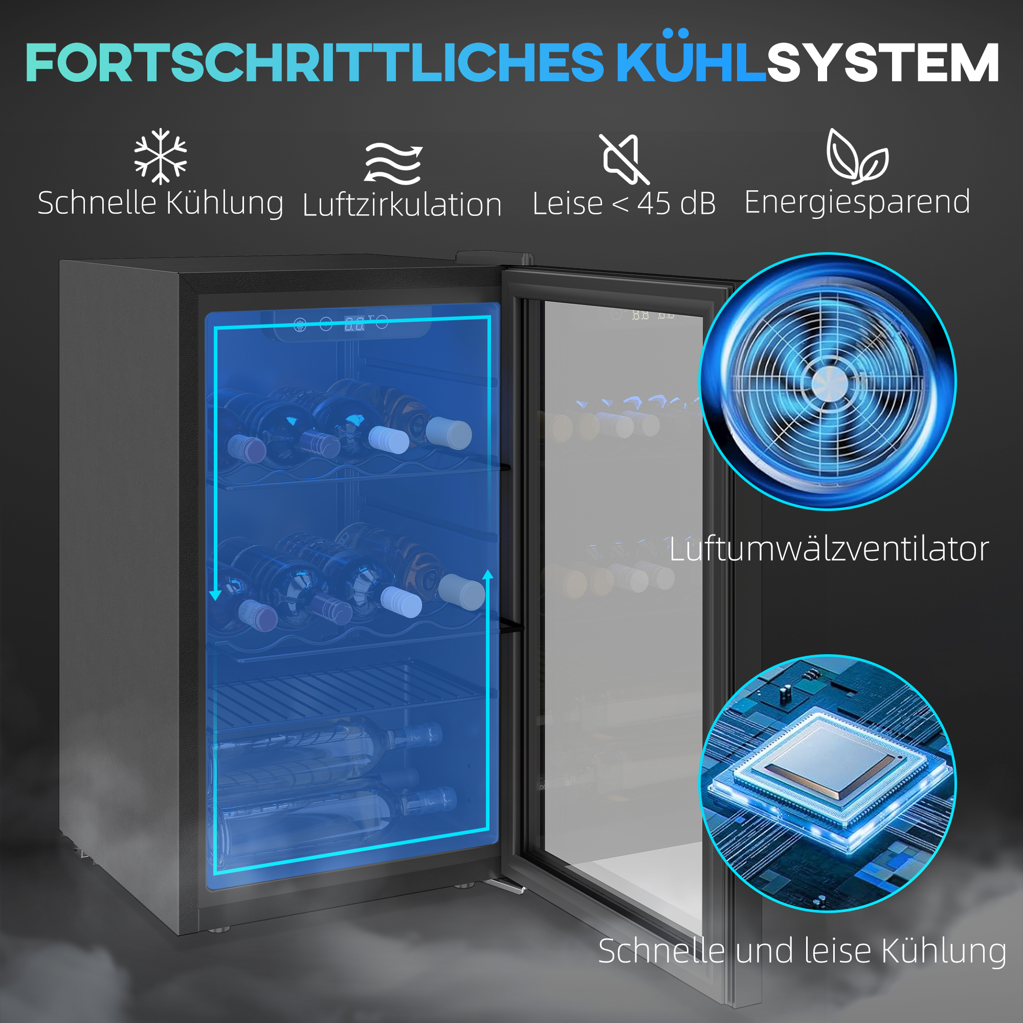 Weinkühlschrank 24 Flaschen, 68 Liter Kapazität, 4–16 °C Standgerät für Getränke, Bier und Wein mit Glas-Tür, Schwarz