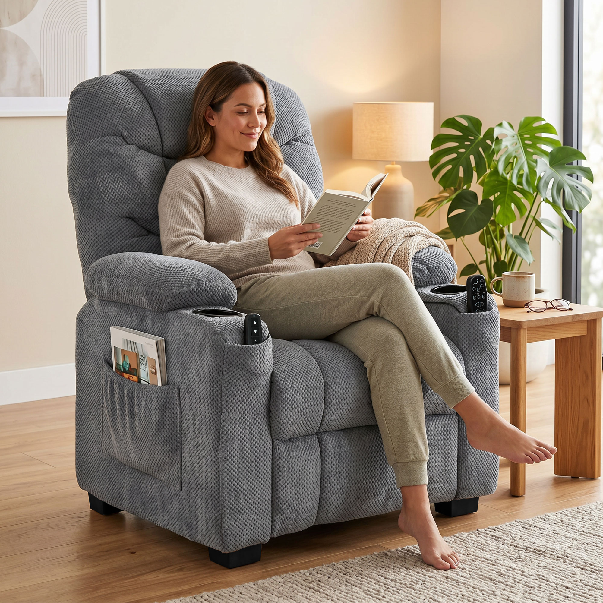 Elektrischer Relaxsessel mit Massage & Wärme, leisem Motor und Memory-Funktion, Dunkelgrau