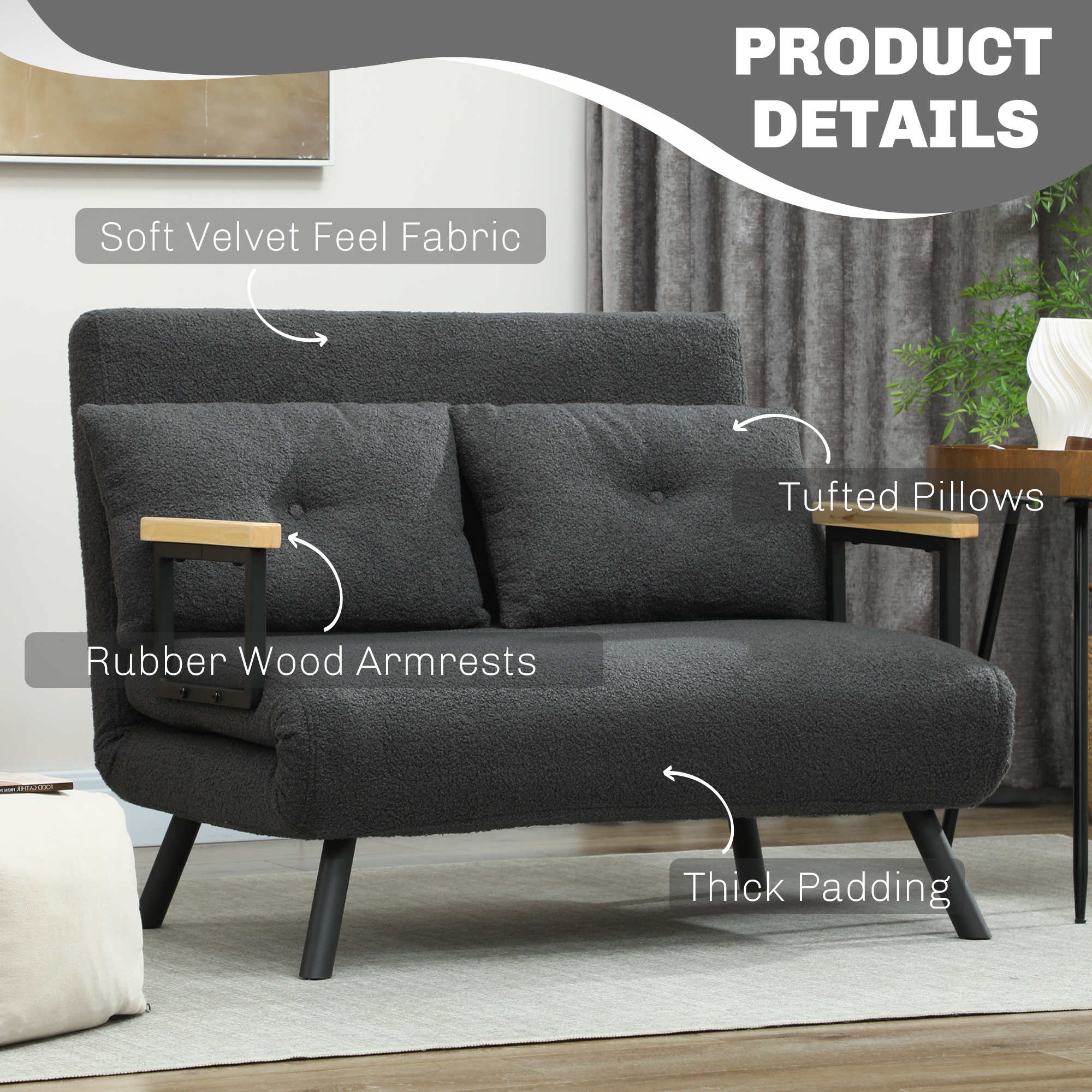 Schlafsofa 2er-Sofa mit Schlaffunktion, inkl. 2 Kissen, Sherpa-Optik, Natur + Dunkelgrau + Schwarz