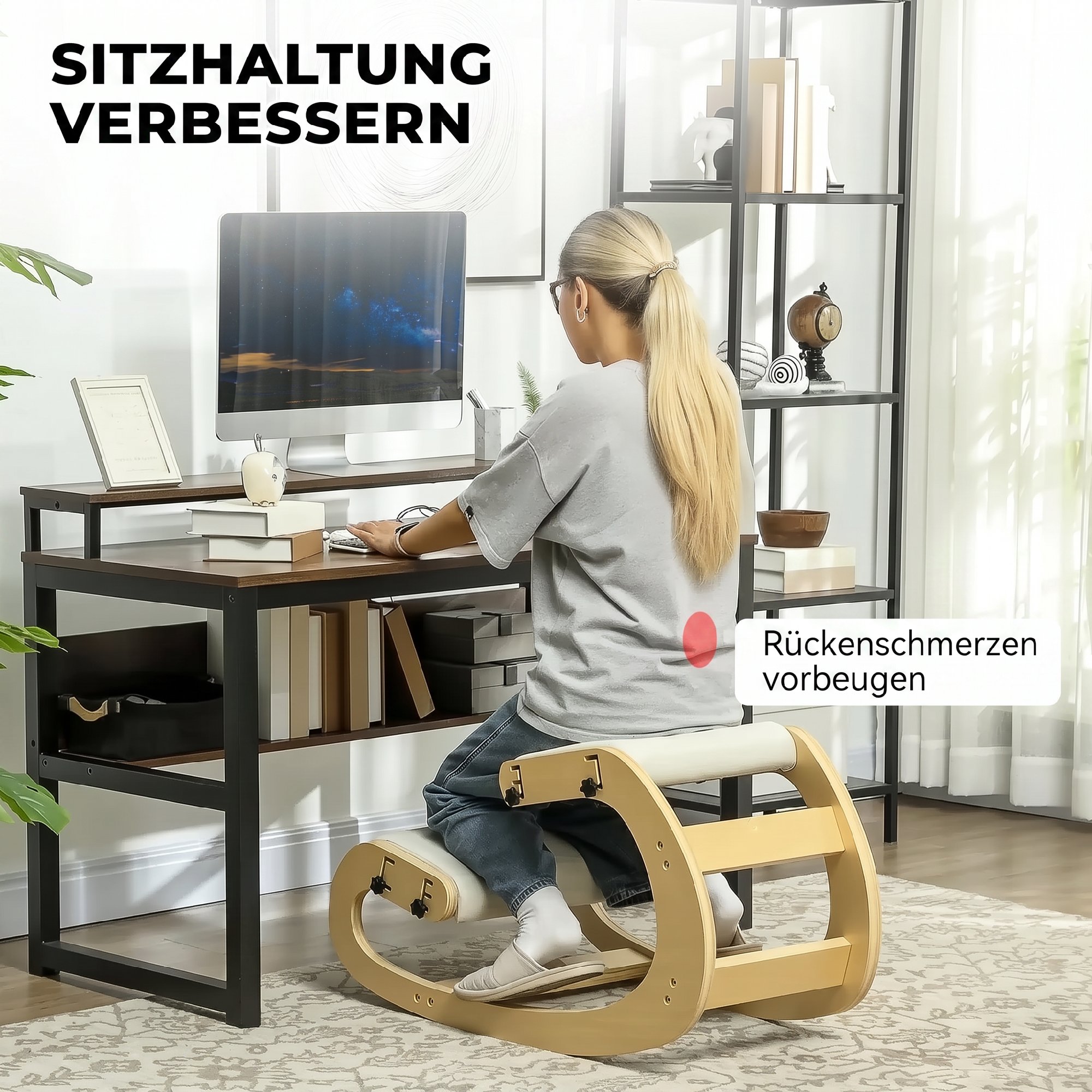 Ergonomischer Kniestuhl, Kniehocker mit 6 verstellbaren Einstellungen, Basis aus Holz Cremeweiß