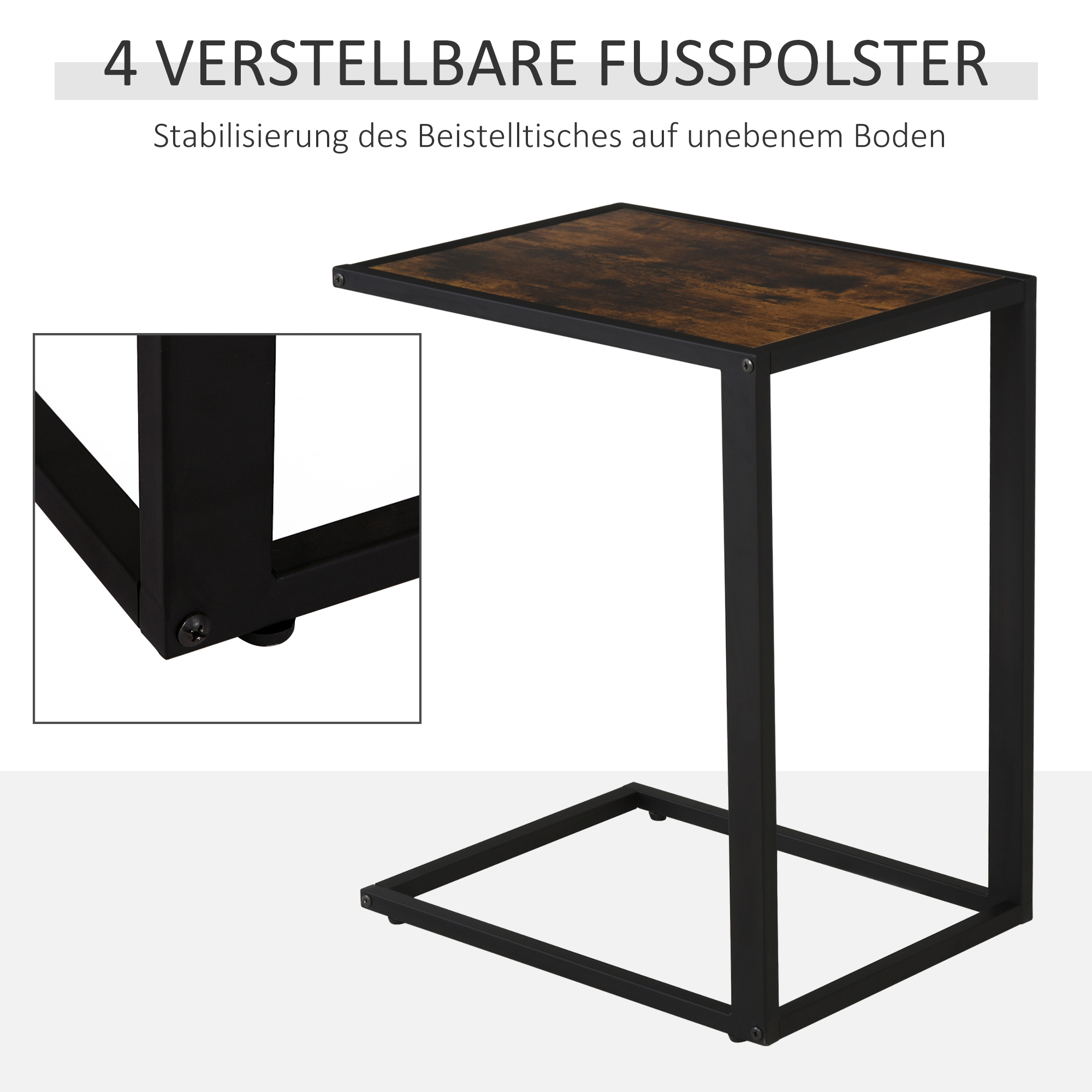 Beistelltisch in C-Form Kaffeetisch Couchtisch Laptoptisch für Schlafzimmer und Wohnzimmer kleiner Bereich mit Metallgestell Industrie-Stil Metall MDF Rustikal-Braun 40,6 x 50,8 X 64,2 cm