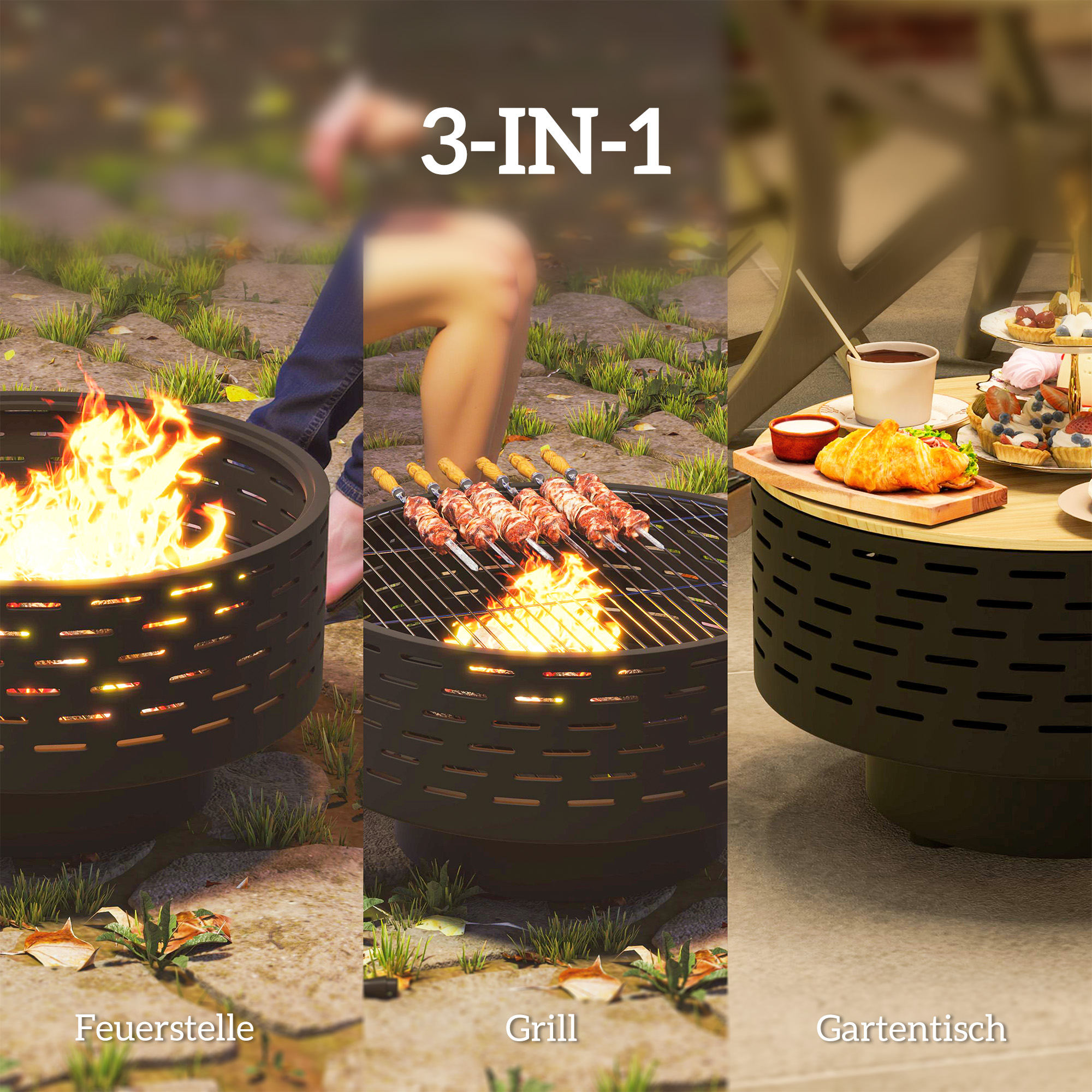3-in-1 Feuerschale Ø60 x 39cm aus Edelstahl Feuerstelle mit Grillrost Funkenschutz Schürhaken Kohlegrau