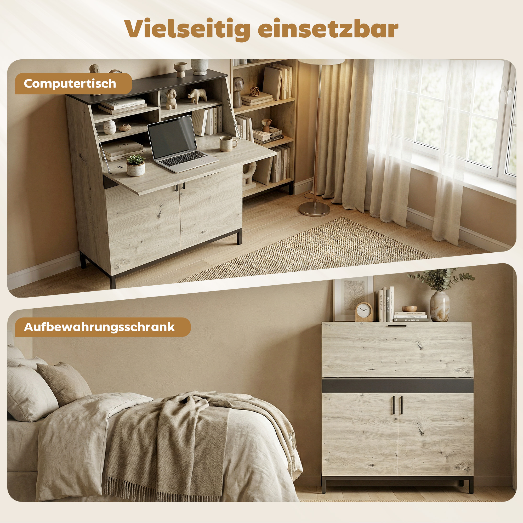 Sekretär-Schreibtisch mit Regalen und Metallrahmen 100 cm Naturholz und Schwarz