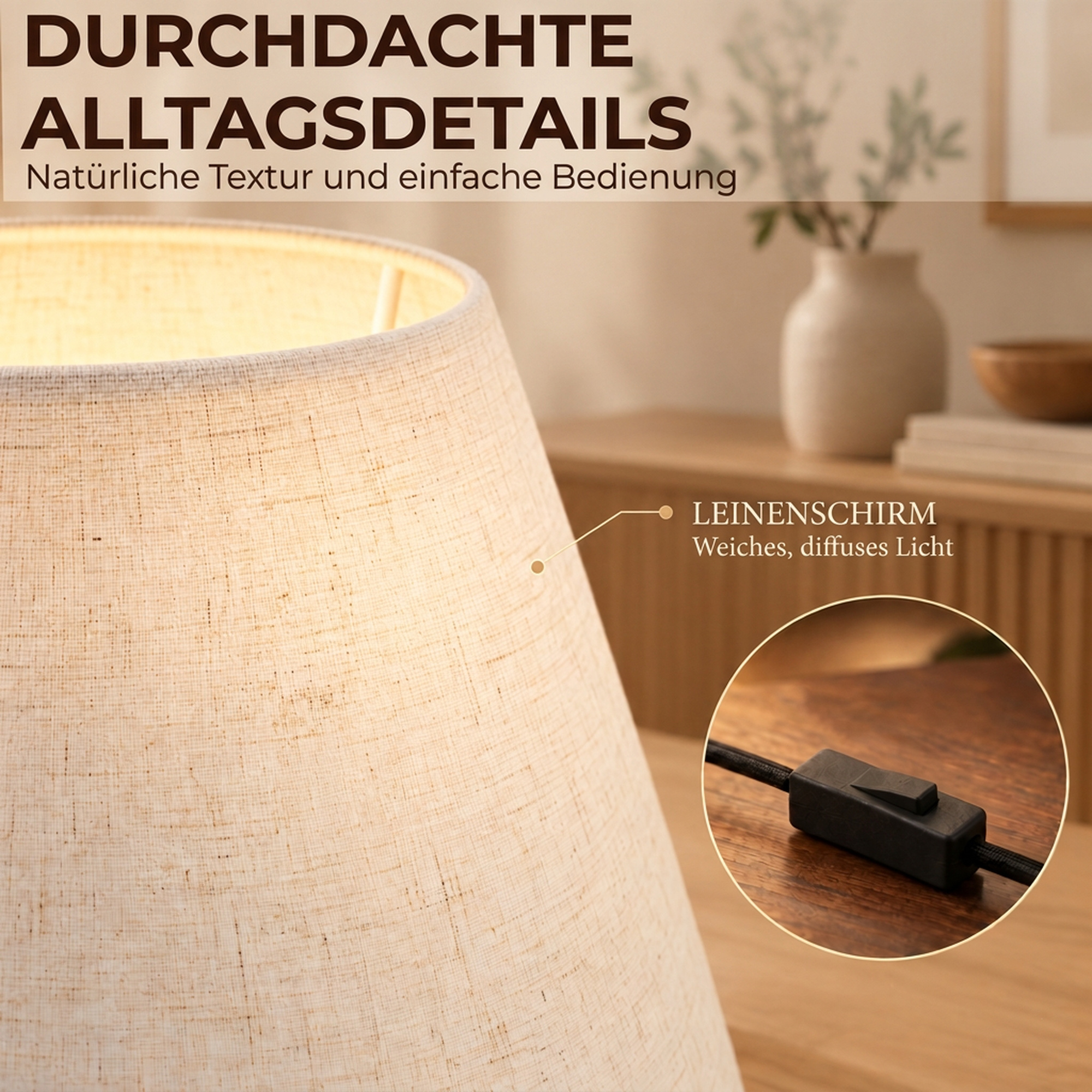 Tischlampe Tischleuchte, Vintage Nachttischlampe Schreibtischlampe mit Keramiksockel, Leinenschirm E27 Fassung