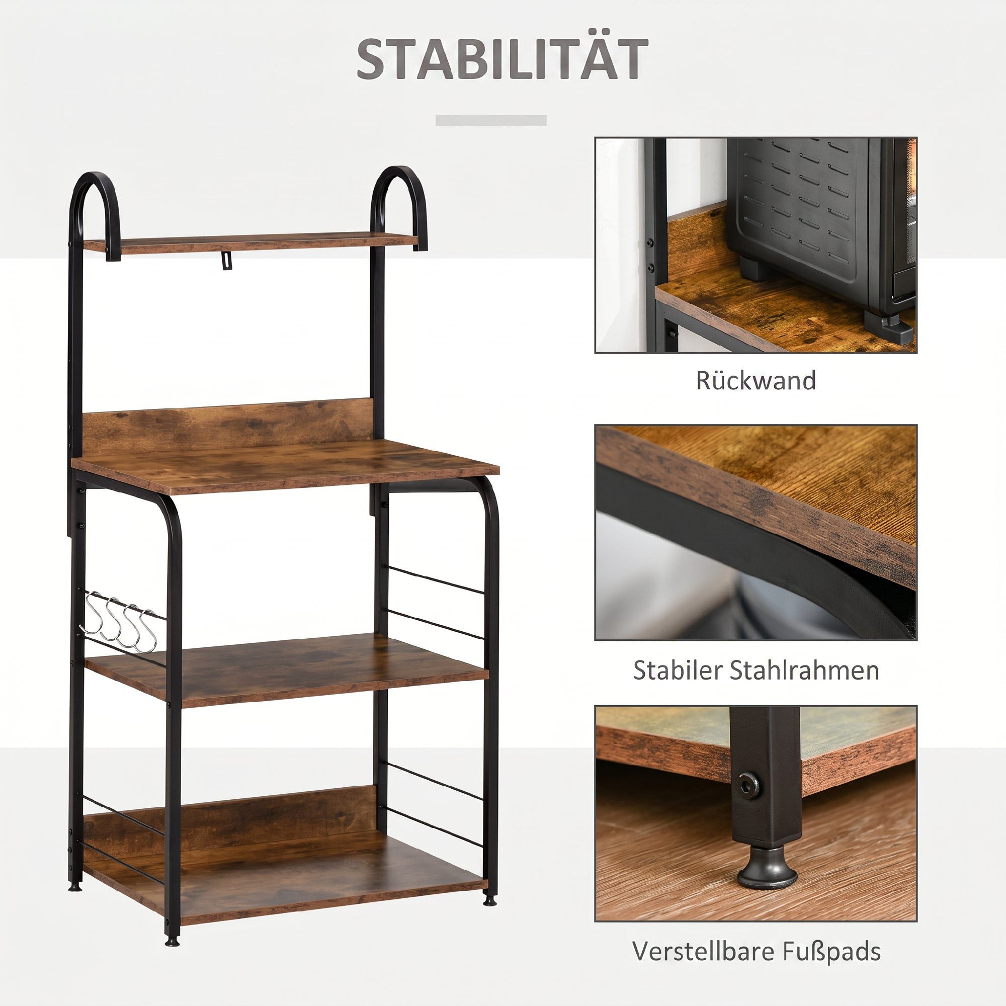 Küchenregal, Standregal mit 3 Ablagen, 4 Haken, Mikrowellenregal für Küche, Esszimmer, Rustikal-Braun, 60 x 40 x 125 cm