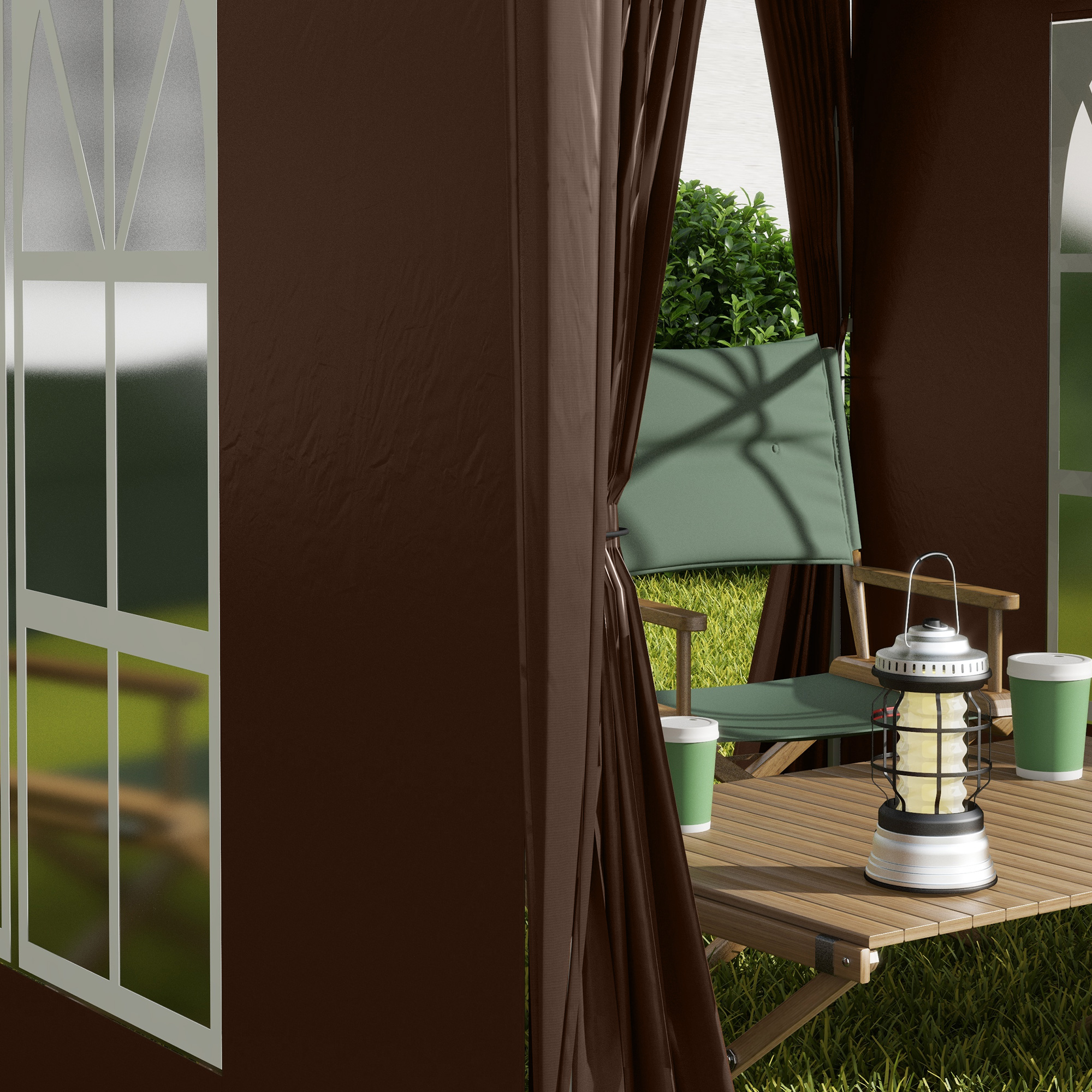 Faltpavillon, Bierzelt, 4 abnehmbare Seitenwände, 2 Fenster, Metallrahmen, 2 x 2m, Braun