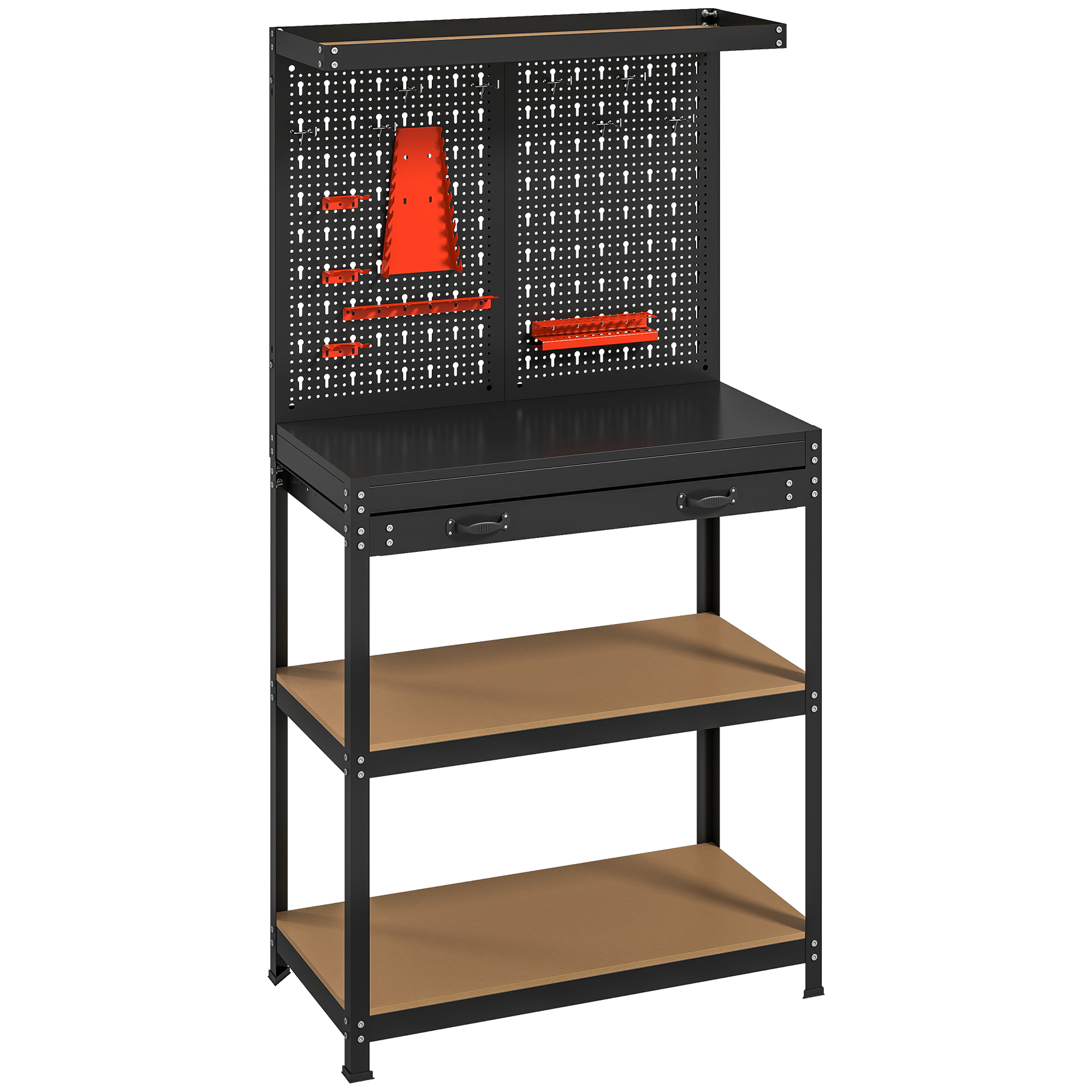 Werkbank 80 x 40,5 x 155 cm Werkzeugbank mit Lochwand, Haken,  Schublade, 2 Ablagen für Werkstatt Schwarz