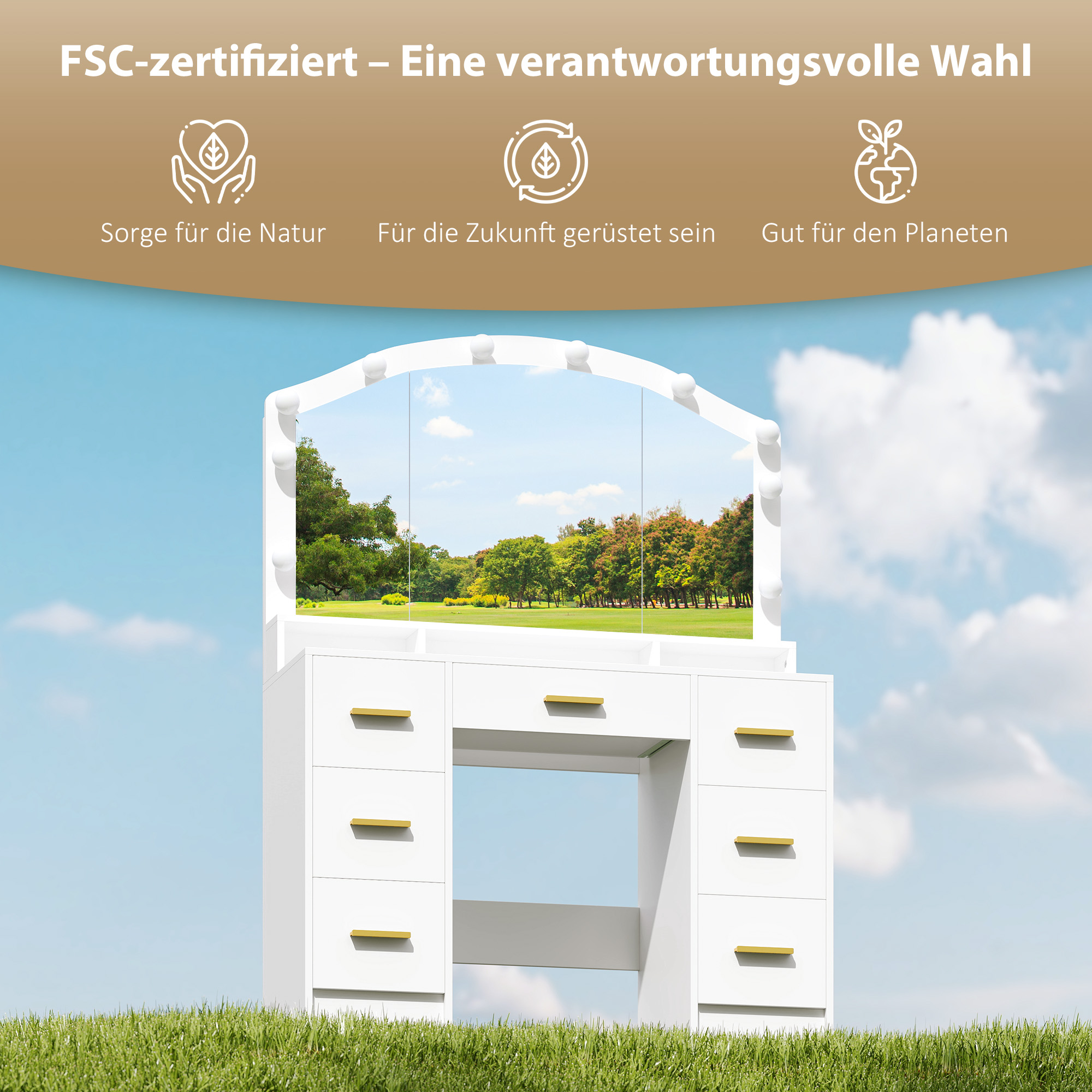 Schminktisch mit 10 LED-Hollywood-Lampen, Spiegel, 7 Schubladen, 3 Fächer, MDF, Weiß