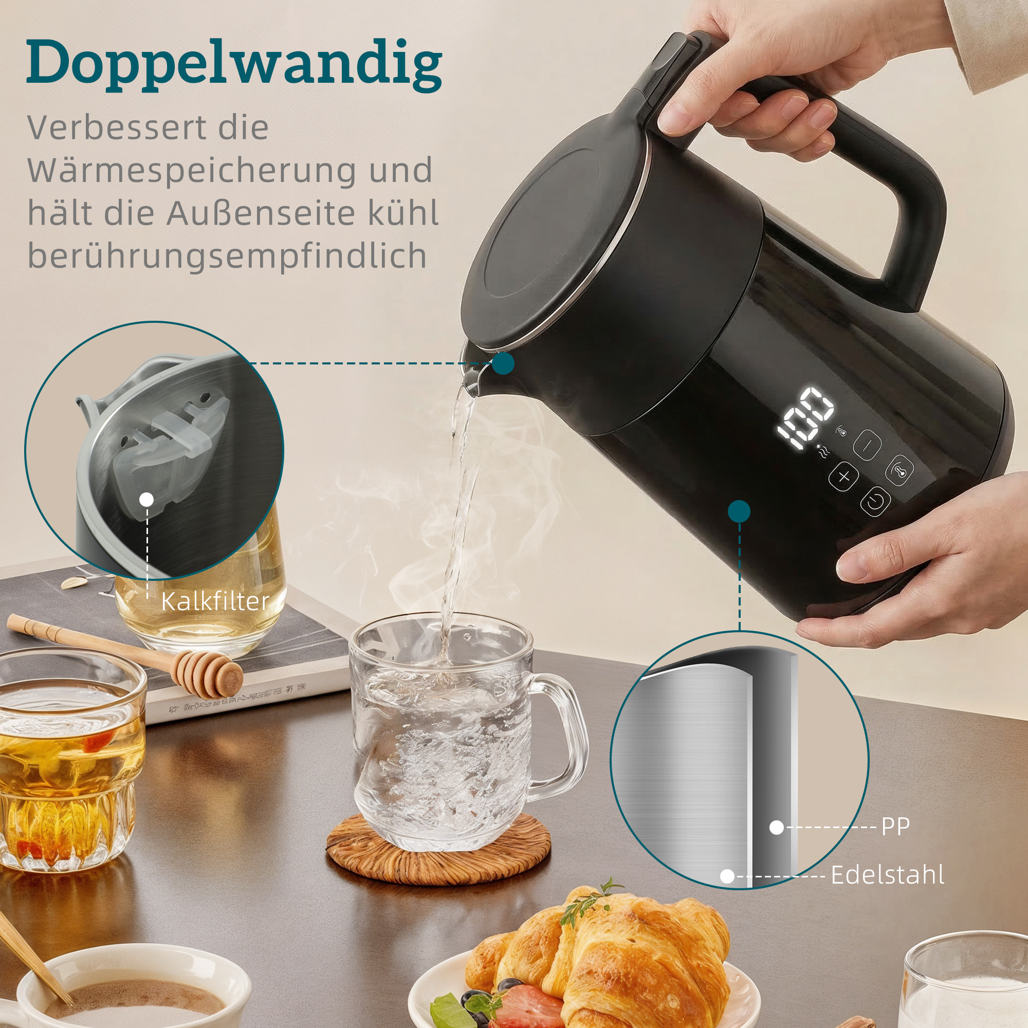 Wasserkocher, 1,7L, Schnellkochend, 2200W, mit LED-Display, Warmhaltefunktion, Trockenkochschutz, PTFE-frei