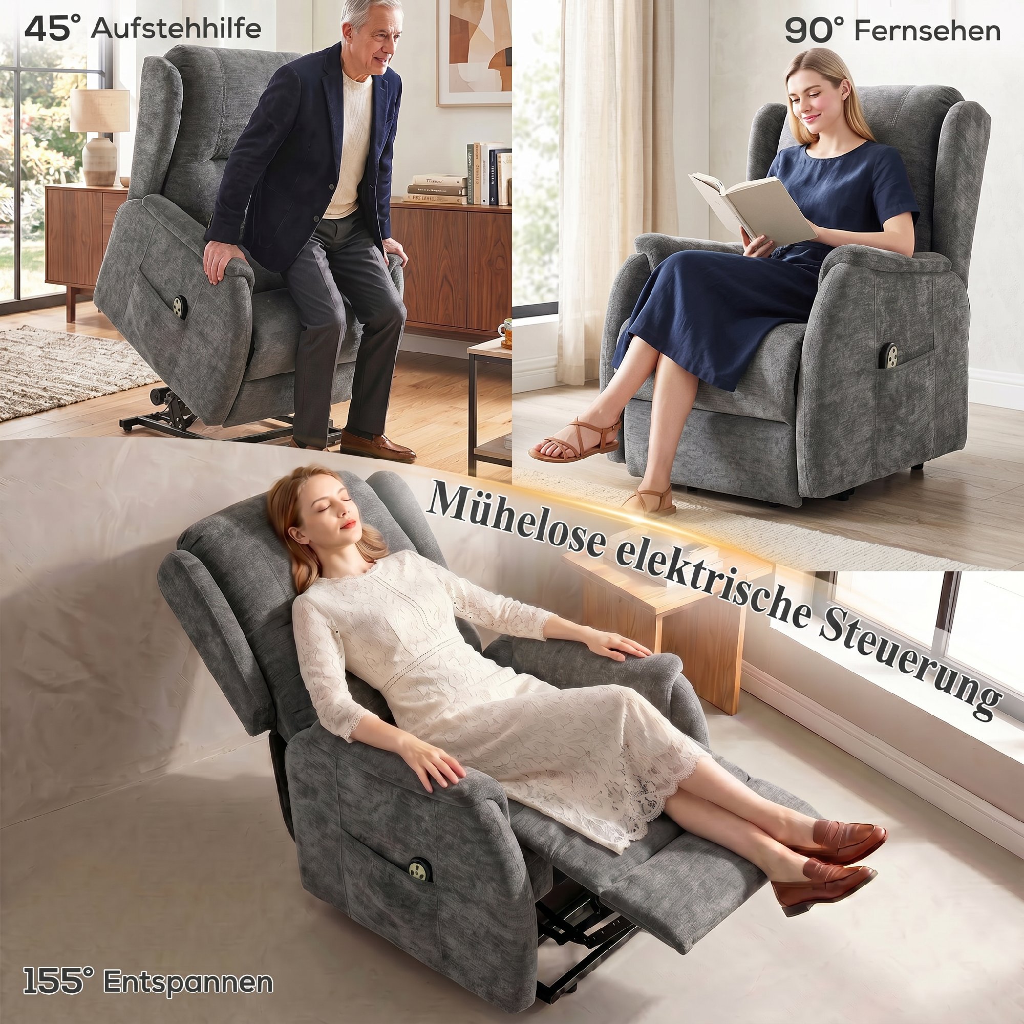 Fernsehsessel Relaxsessel mit Aufstehhilfe für Senioren, Chenille-Optik, mit Fernbedienung und Seitentaschen, Dunkelgrau
