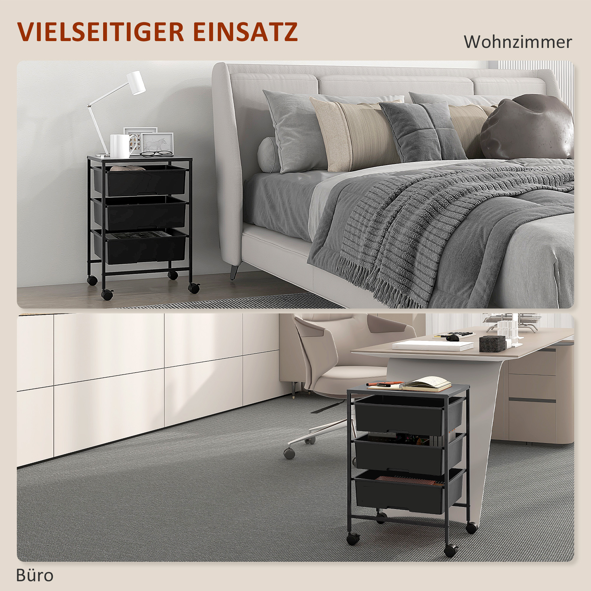 Beistellwagen mit Rädern, 3 Körbe für Transport und Aufbewahrung, Küchenwagen, 40,8L x 33,5B x 60,5H cm, Schwarz