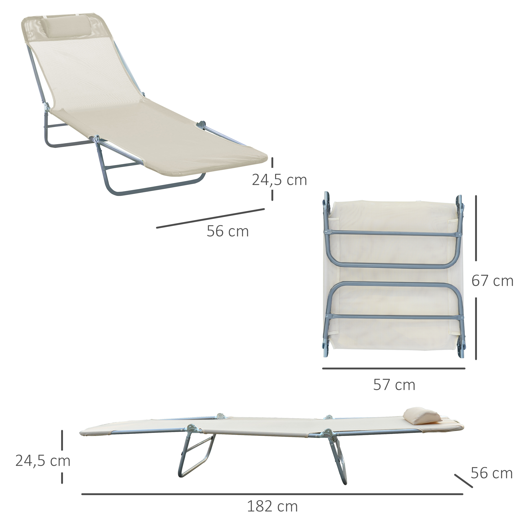 Sonnenliege klappbar Gartenliege mit Kopfkissen Liegestuhl verstellbar mit 5-Fach Campingliege bis 120kg belastbar für Garten, Balkon und Pool geeignet, 4 Farben(Creme)