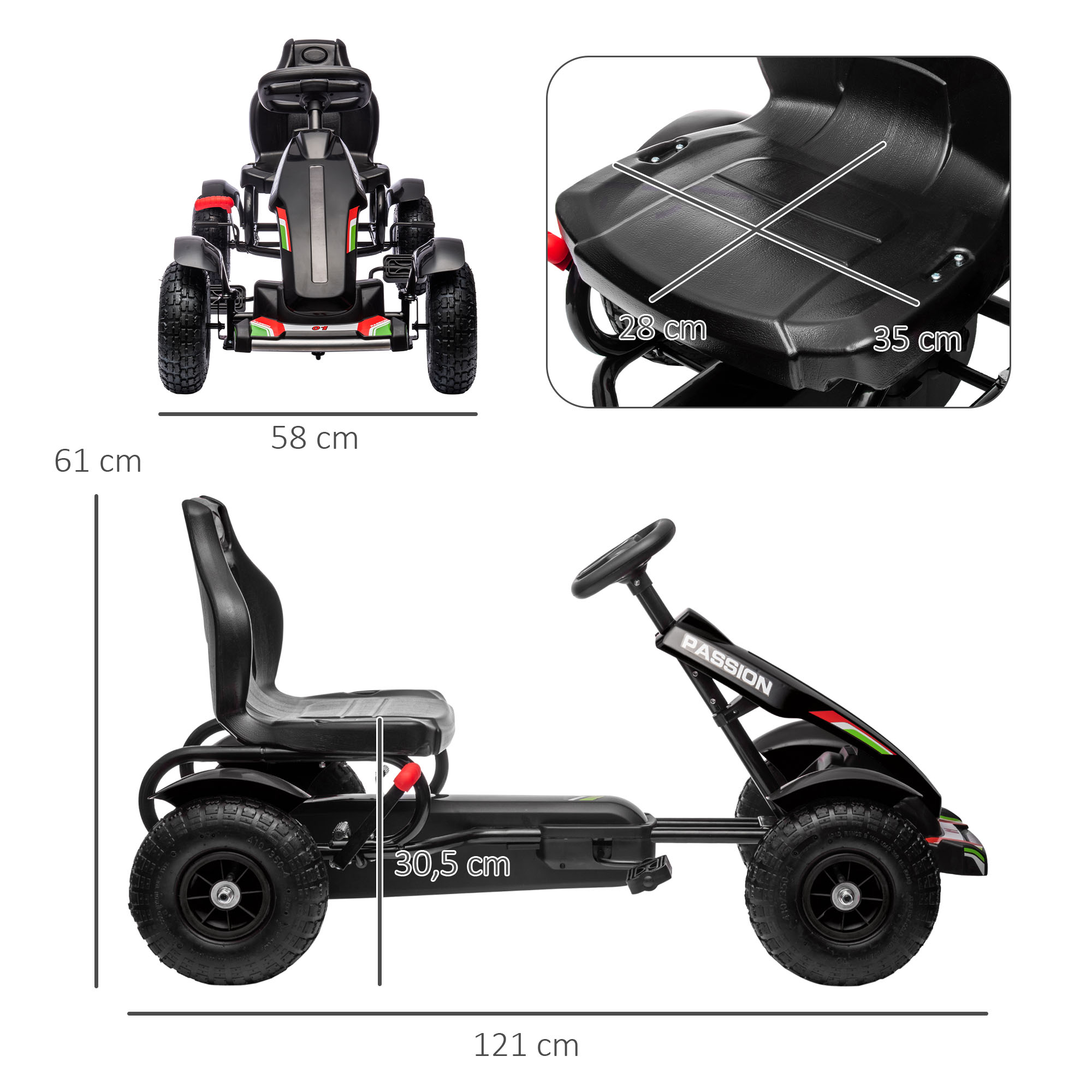 Kinder-Gokart, verstellbarer Sitz, Handbremse, ab 5 Jahren, 121 x 58 x 61 cm, Schwarz