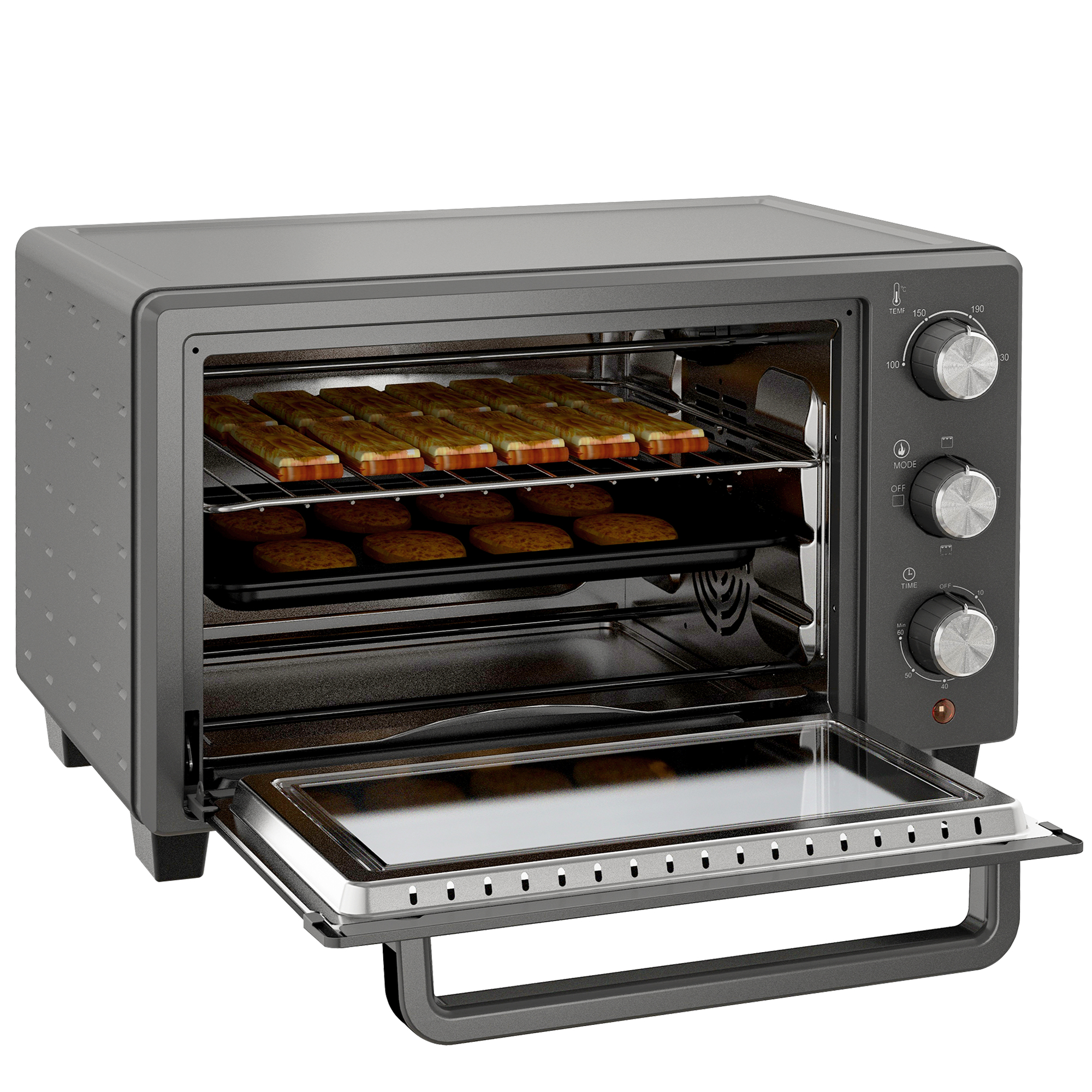 Minibackofen, 21 L Toasterofen mit 1 Drahtgestell und 1 Backblech, 3 Kochmodi, 100 °C-230 °C, Edelstahl, Glas, Grau