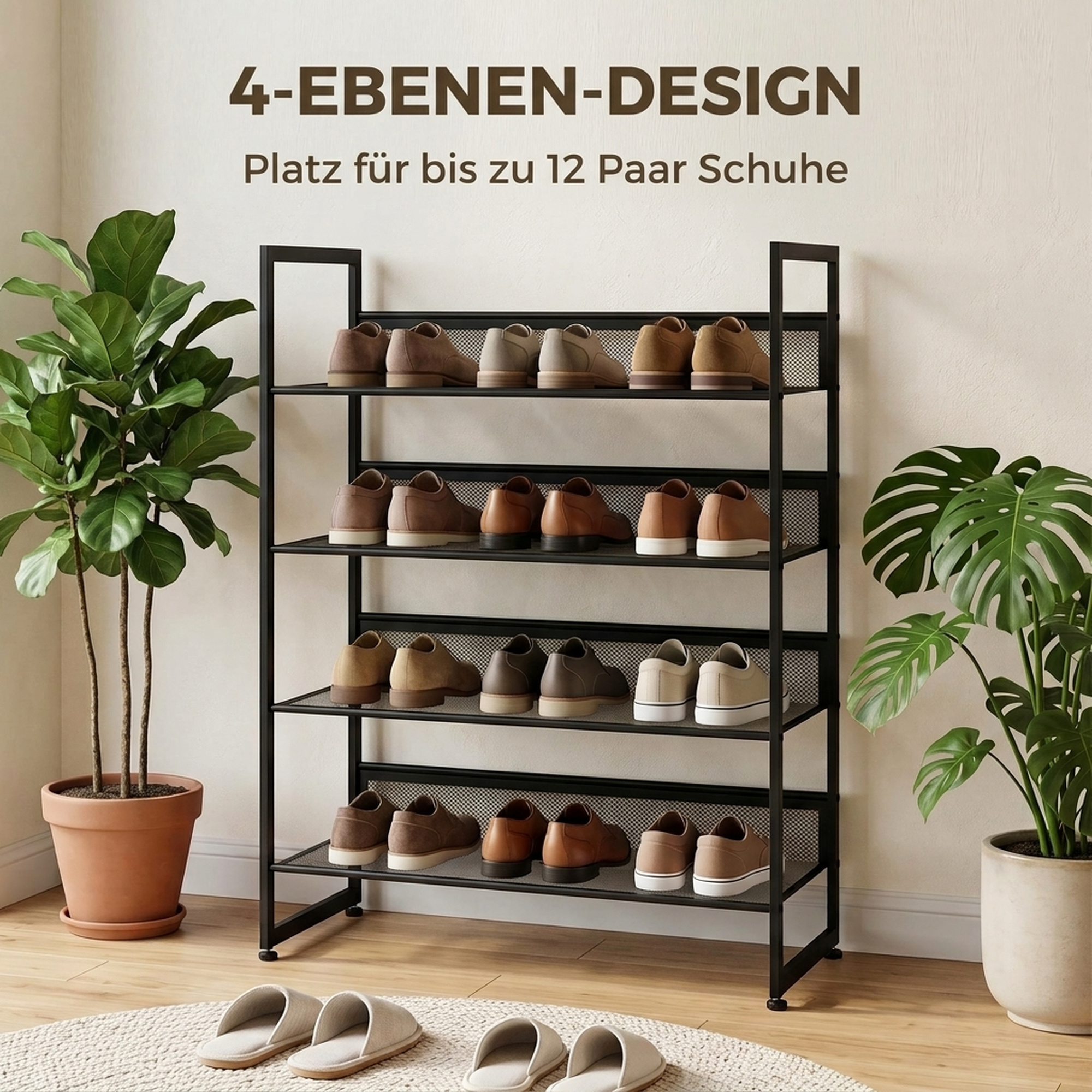 Schuhregal Schuhablage Schuhständer, 4 Regale, 72 cm x 30 cm x 82,7 cm, Schwarz
