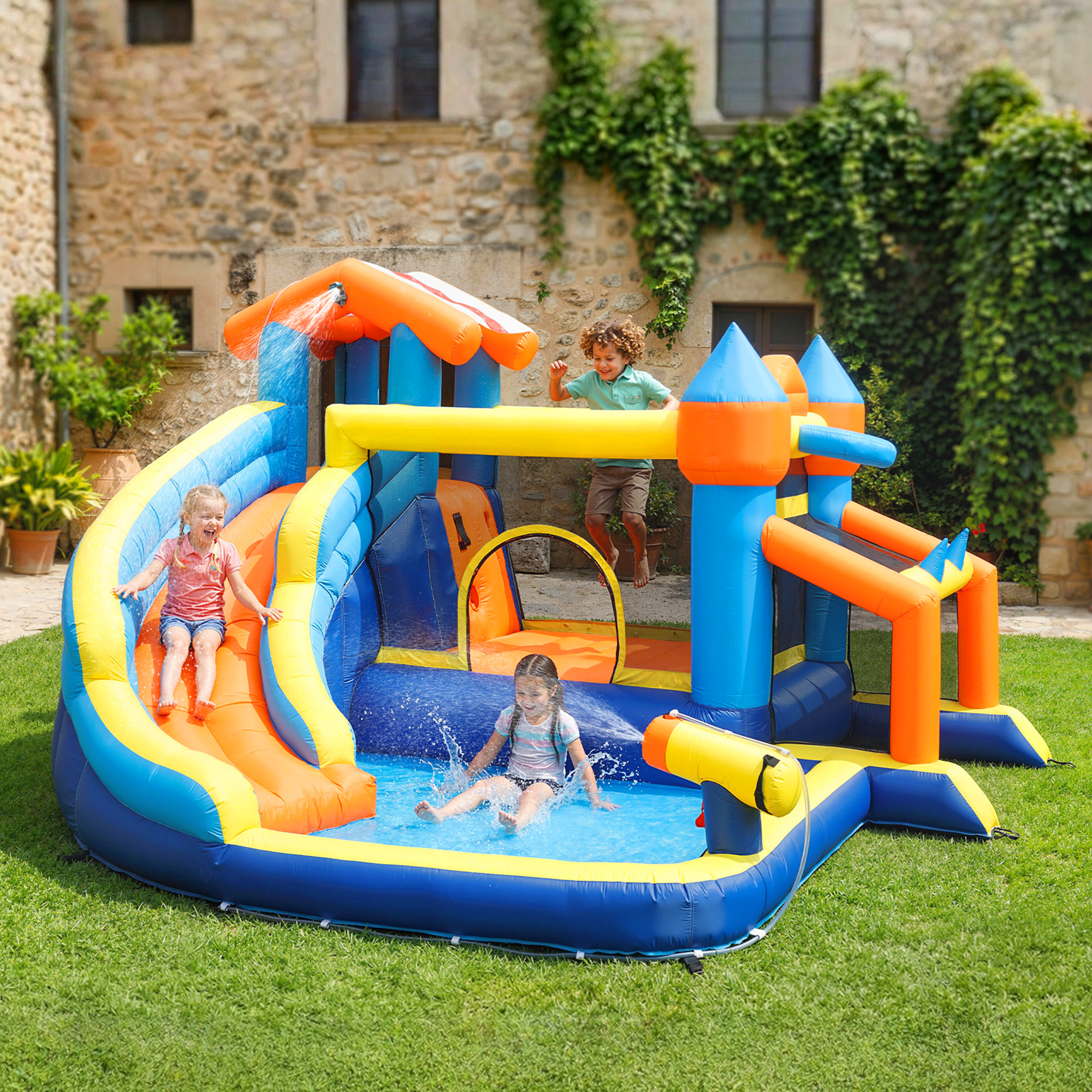 8-in-1 Hüpfburg mit Gebläse Rutsche Planschbecken Trampolin Kletterwand für Indoor Outdoor 350x325x210cm Mehrfarbig