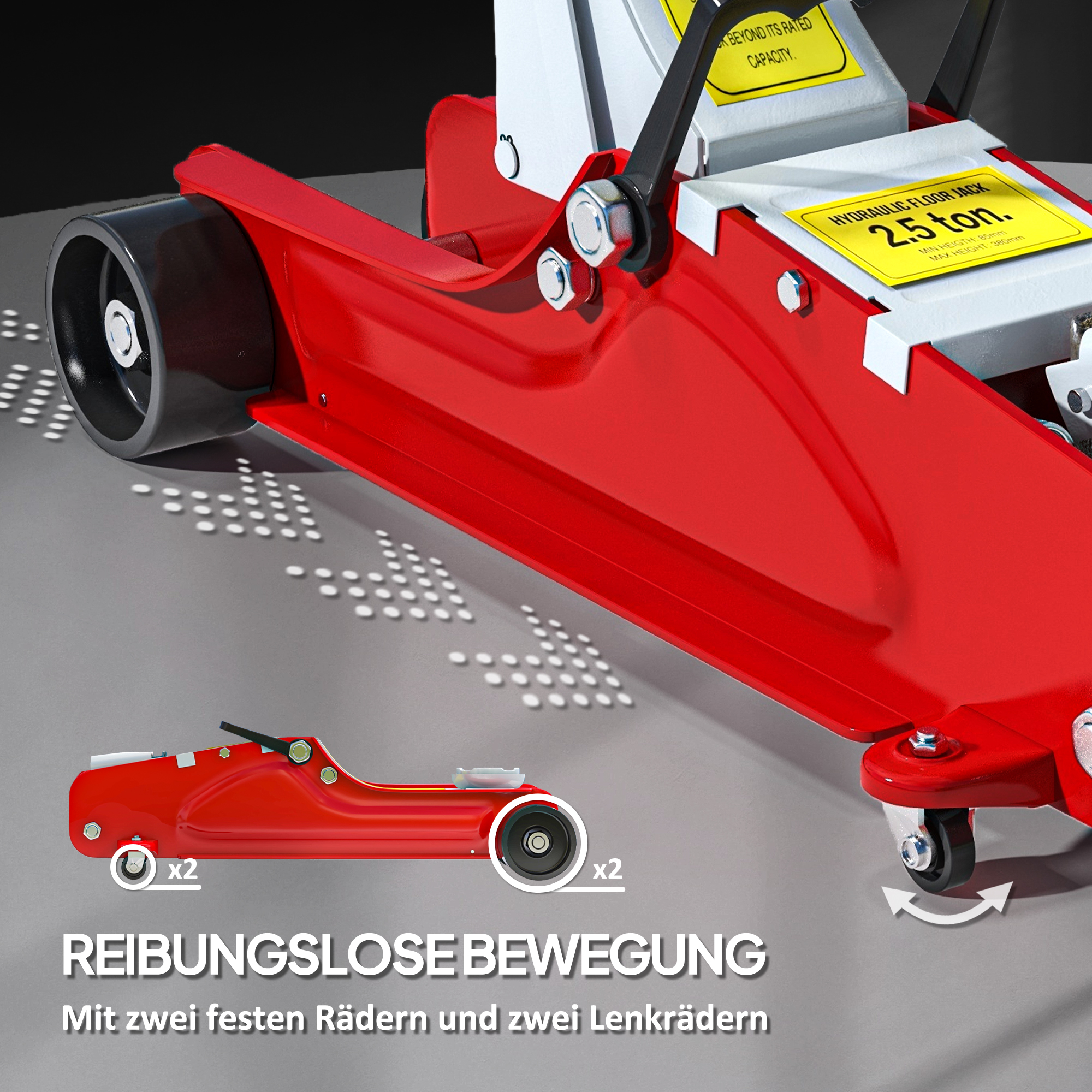 Wagenheber, 8-38 cm Höhe, 2,5 Tonnen Tragfähigkeit, Stahl, rollbar, Rot