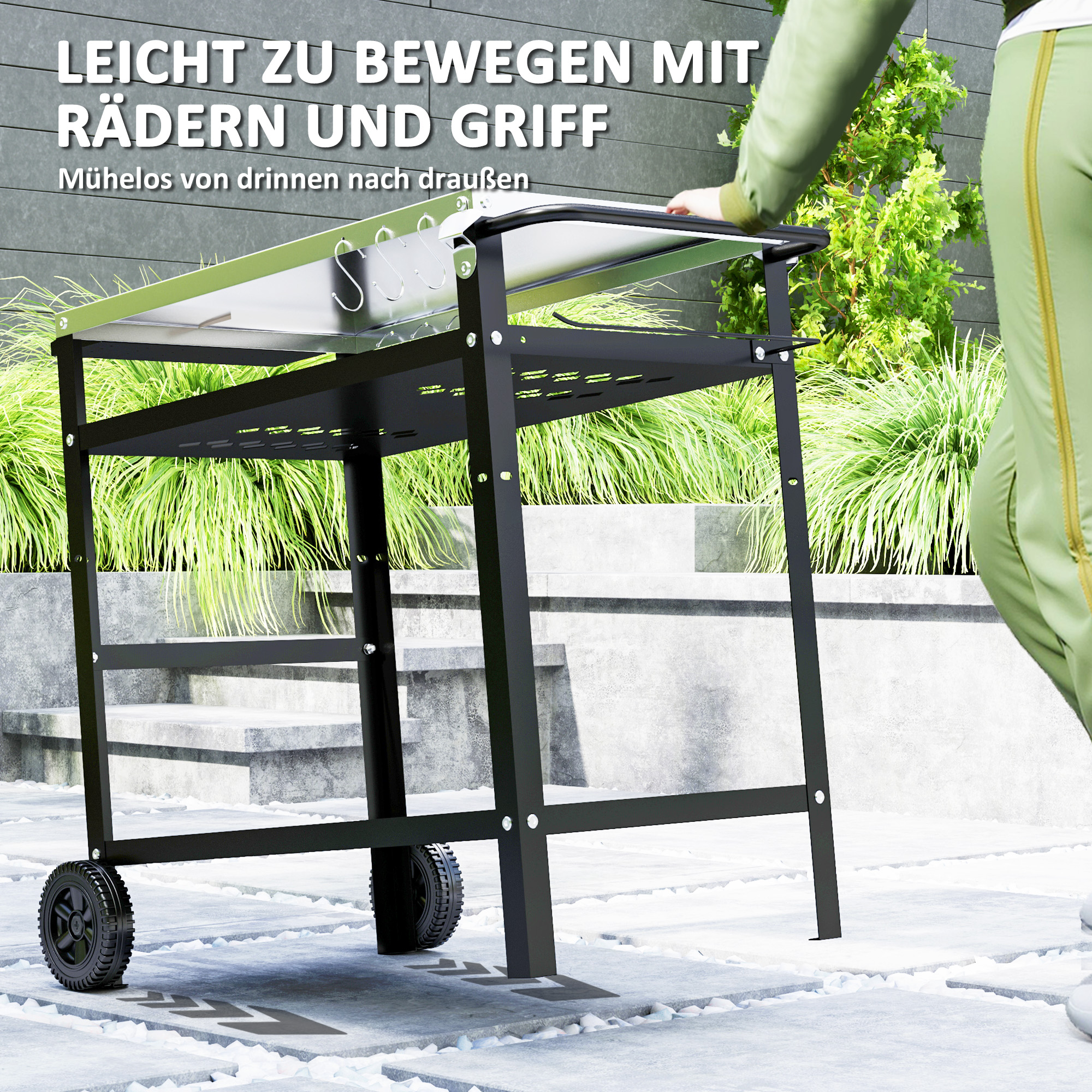 Grillwagen 3-Etagen Servierwagen mit Arbeitsfläche Griffe Hülle Räder, BBQ Grilltisch Edelstahl 100x52x80cm Schwarz