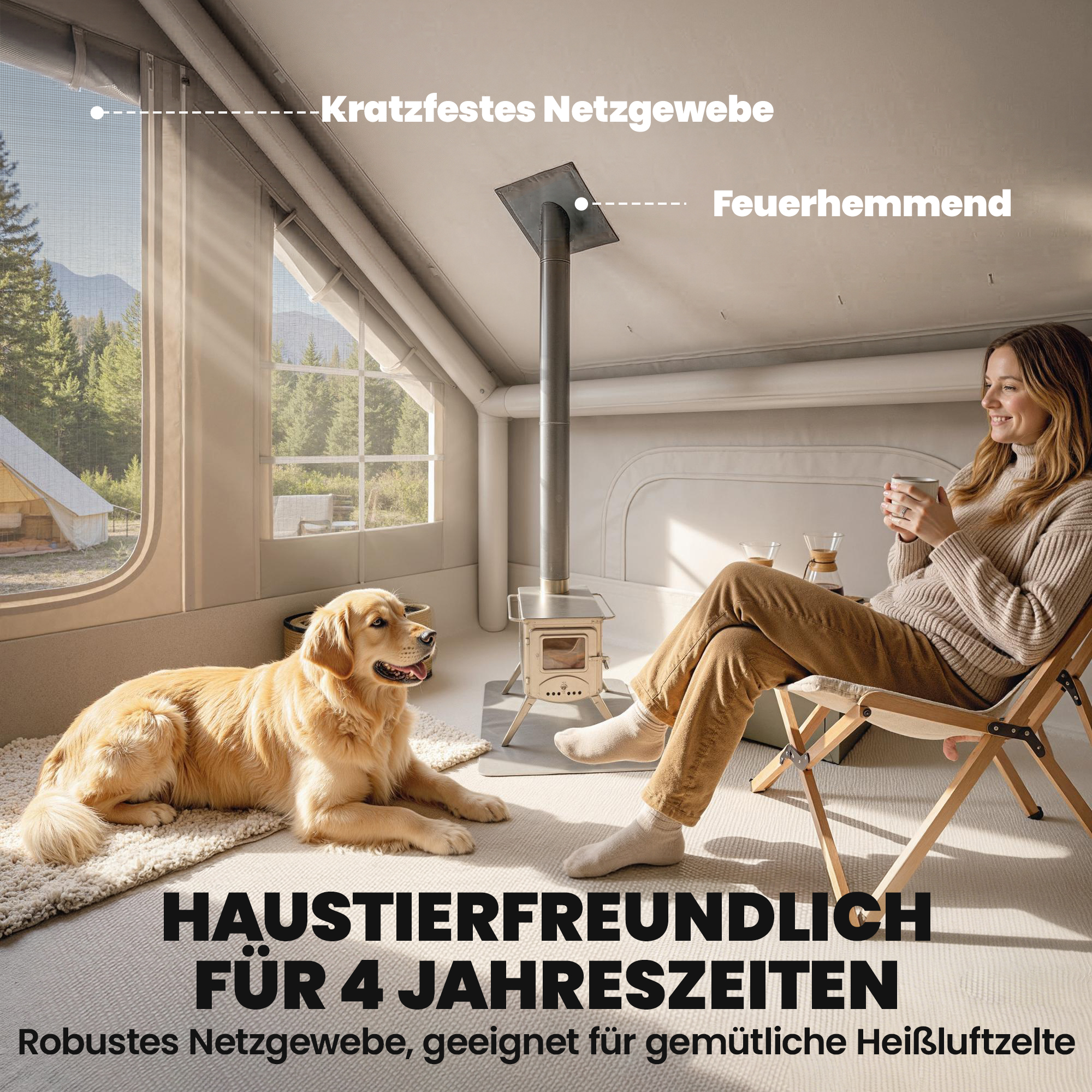 aufblasbares Zelt 5-8 Personen Schneller Aufbau 5000 mm Wasserdicht & Winddicht mit Luftpumpe Kaminöffnung Dachfenster