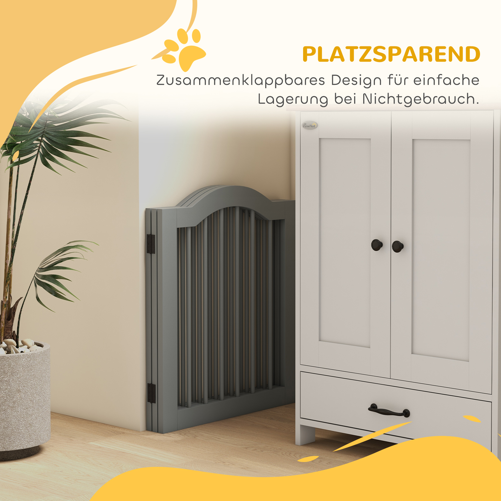 Absperrgitter Hund 3-teilig, 154,5 x 61 cm Faltbar Hundegitter mit Tür, 2 Stützfüßen Hellgrau