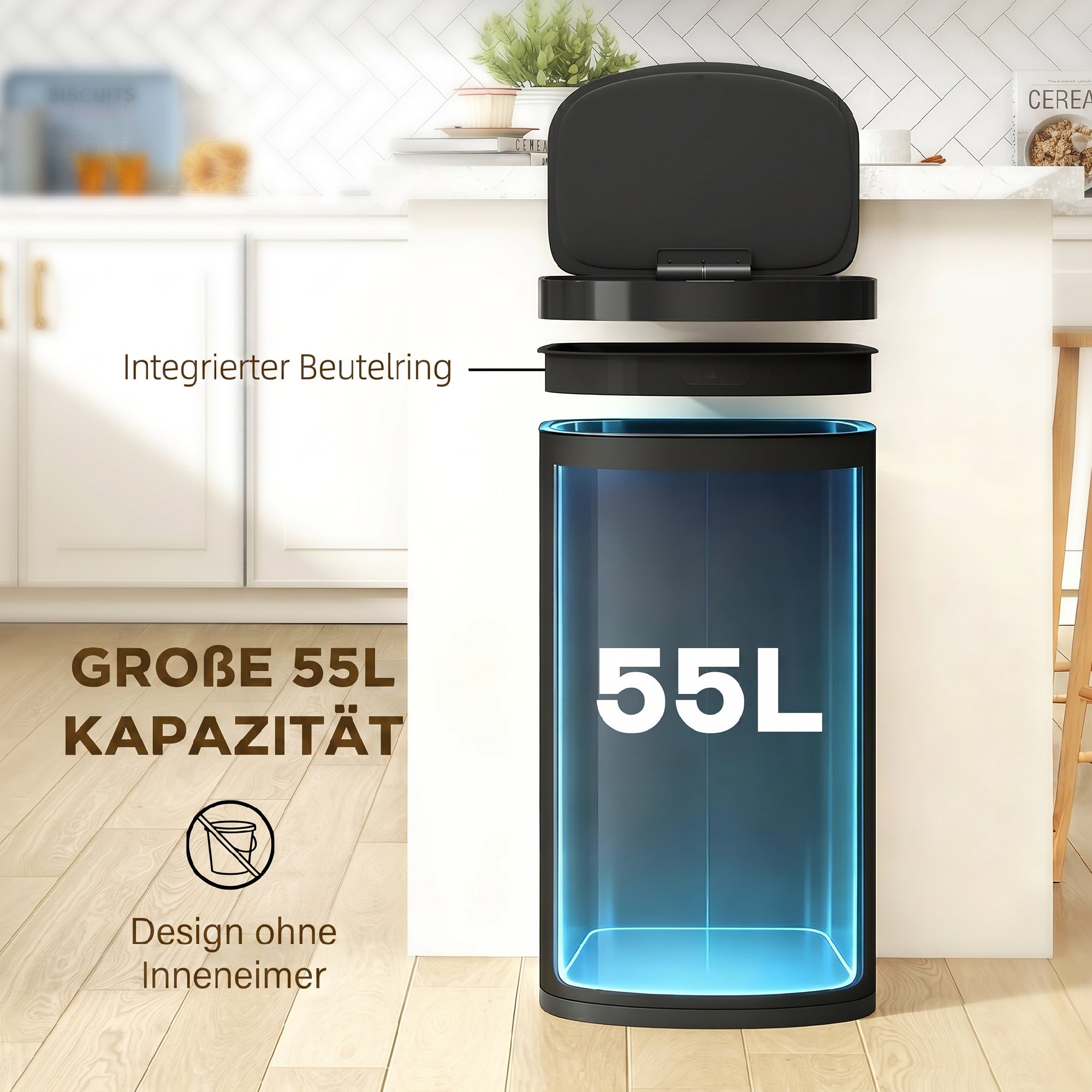 Sensor Mülleimer 55L Abfalleimer mit Soft-Close-Deckel aus Edelstahl, für Küche Fitnessstudio Büro, Schwarz