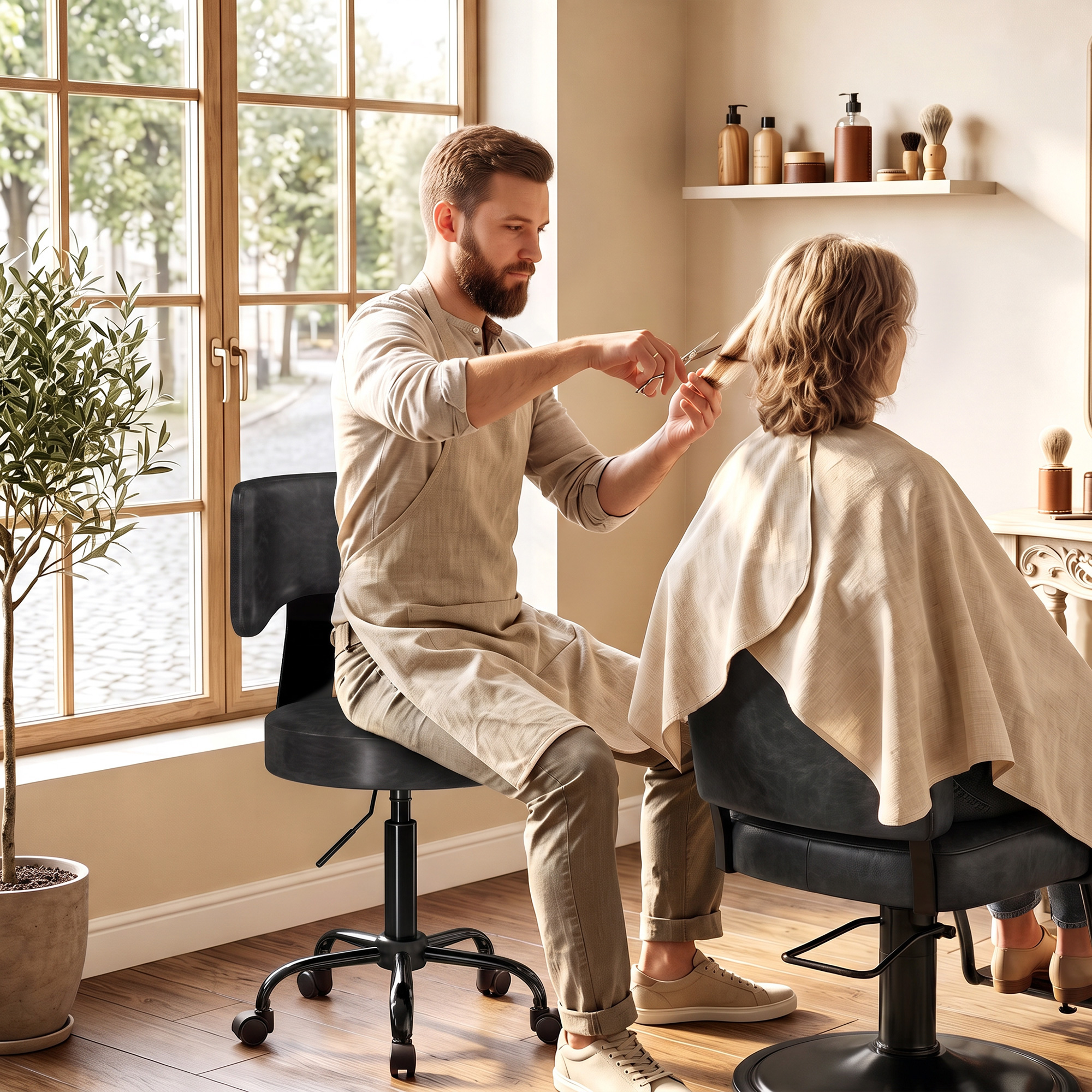 Rollenhocker, höhenverstellbar 72-87,5 cm, Massagethocker mit gepolsterter Sitzfläche und Rückenlehne, 360° drehbar, Schwarz