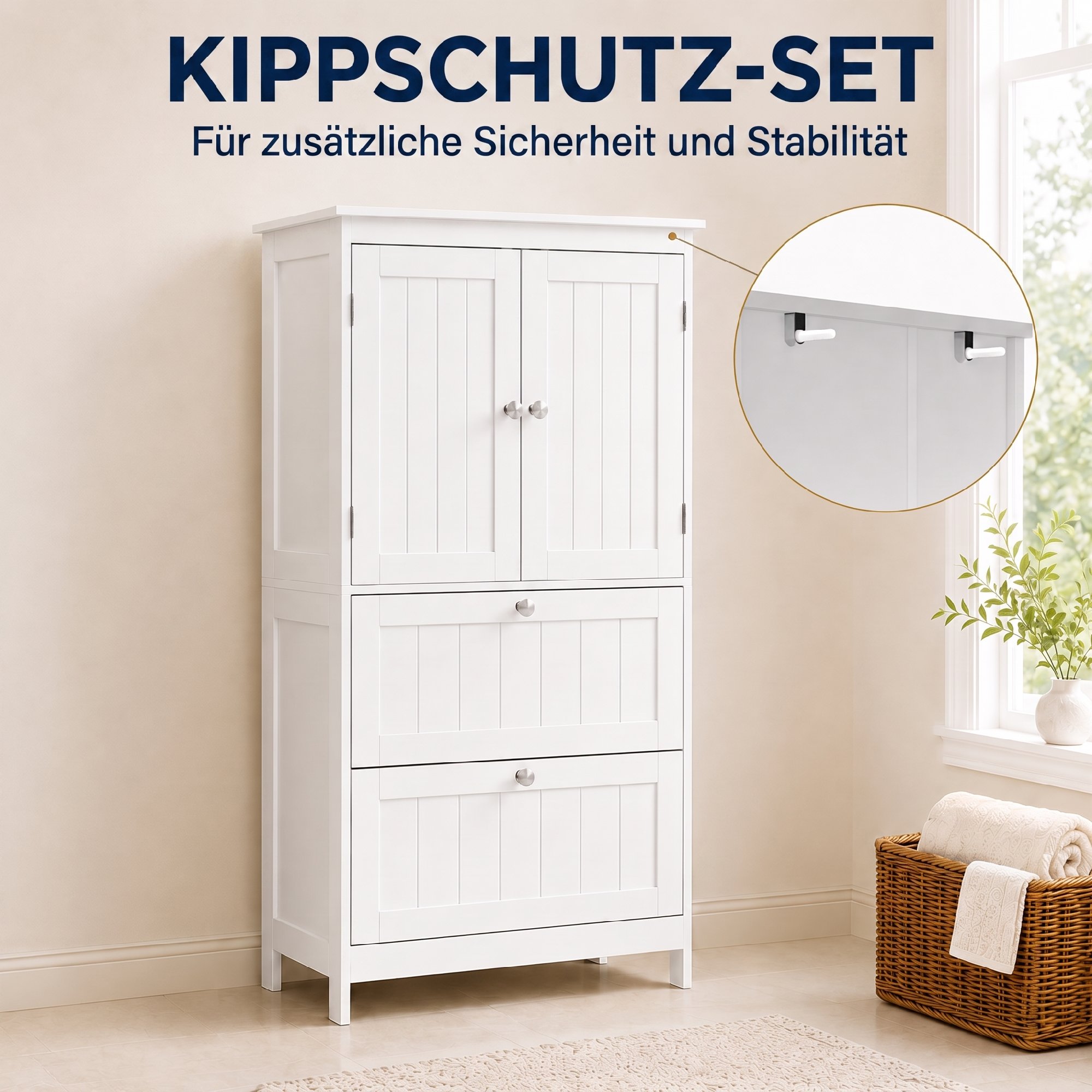 Badezimmerschrank mit 2 Schubladen, freistehend, mit verstellbarem Einlegeboden und Türen in Lamellenoptik, Weiß