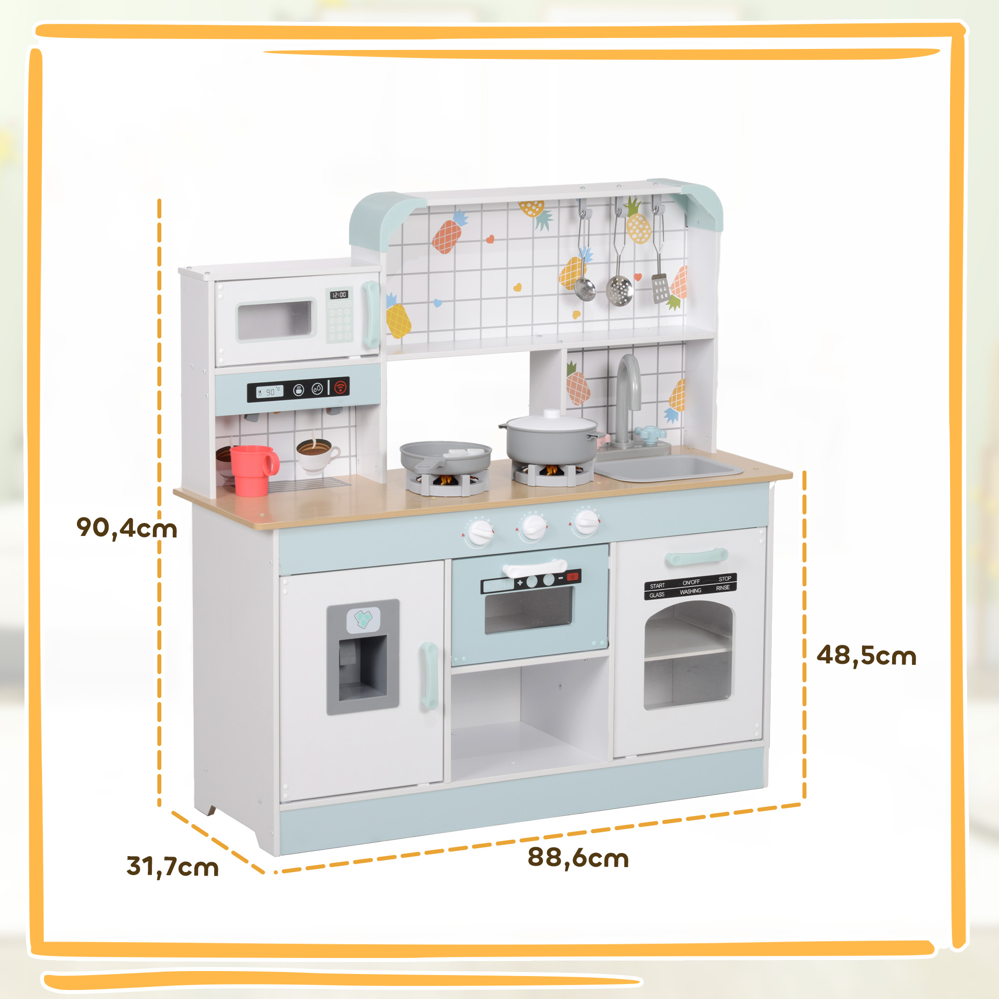 Spielküchen-Set, Kinderküche mit Effekten, Kaffeemaschine, Ofen, viel Stauraum, MDF, Edelstahl, für Kinder ab 3 Jahren