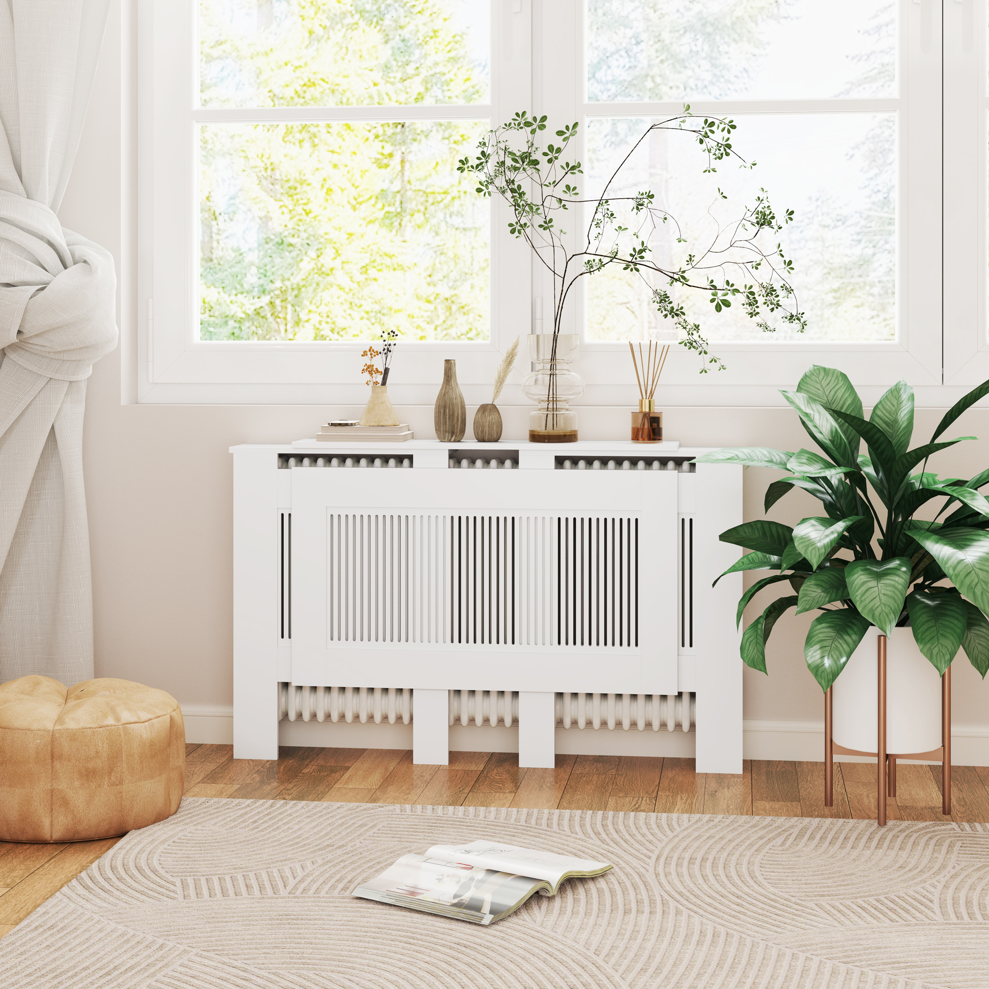 Heizkörperverkleidung, Lamellendesign, verstellbare Länge 125-201 cm, MDF, Weiß
