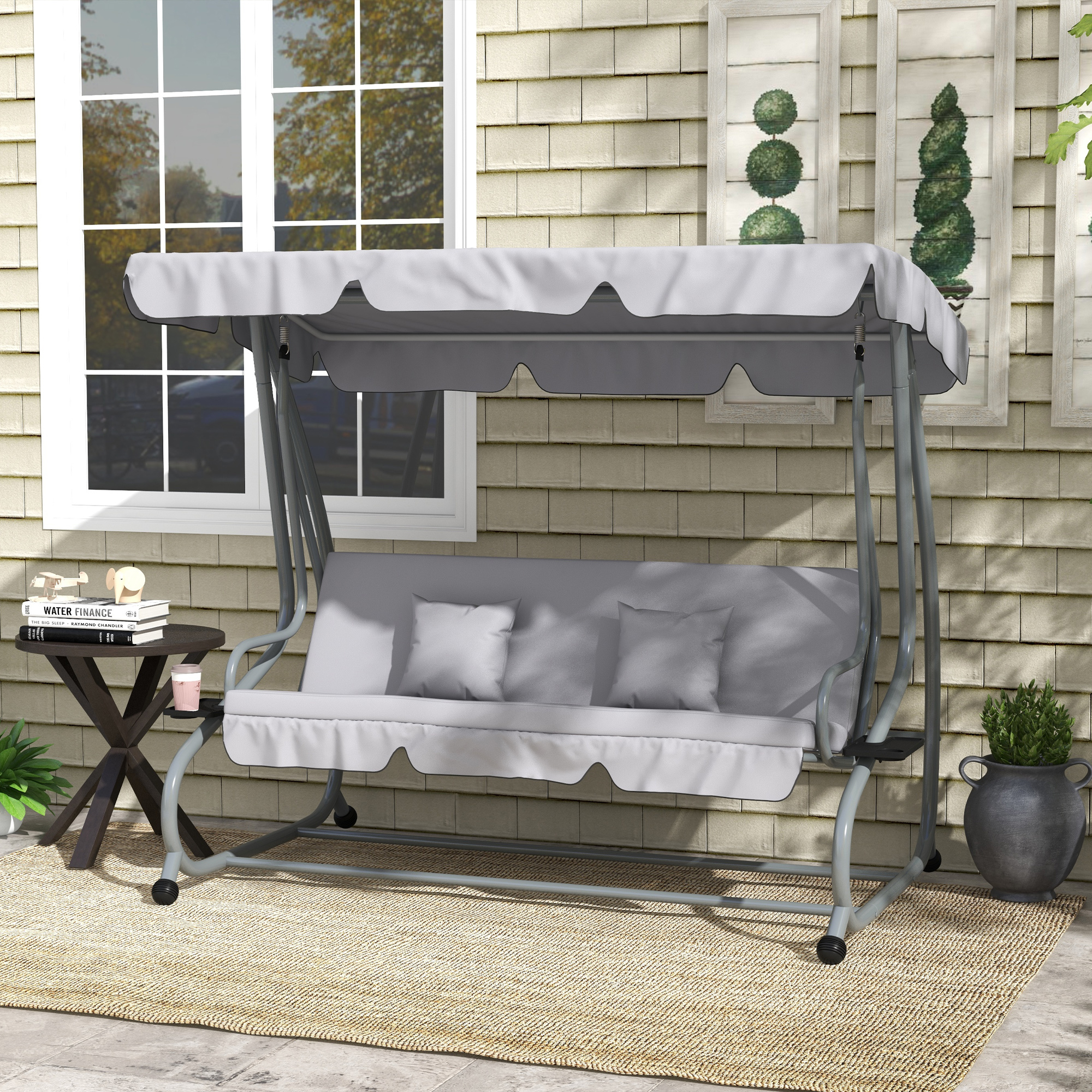 2-in-1 Hollywoodschaukel mit Liegefunktion, verstellbares Dach, bis 340 kg, Stahl, 200x120x164 cm, Grau