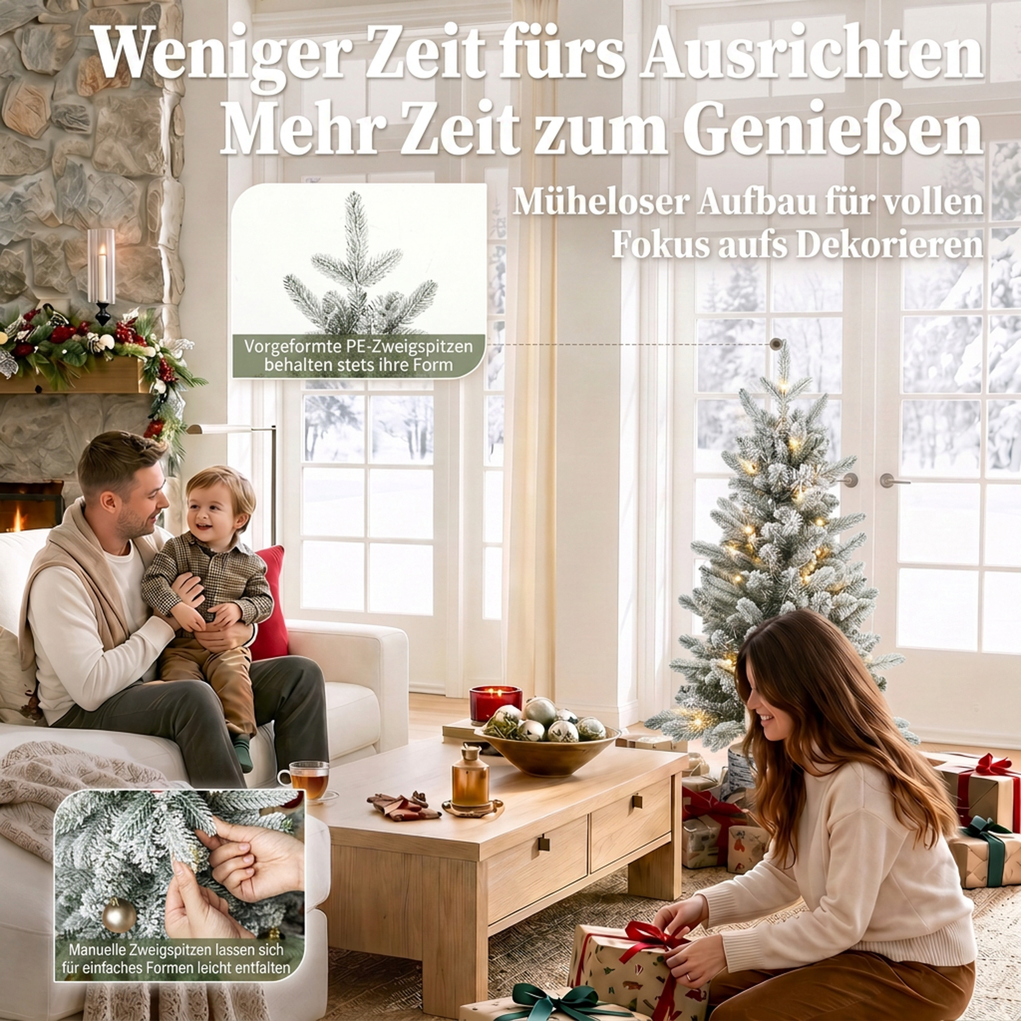 künstlicher Weihnachtsbaum, 90 cm Christbaum mit 50 LED-Beleuchtung 240 Spitzen Kunstschnee Magnesiumoxid-Sockel