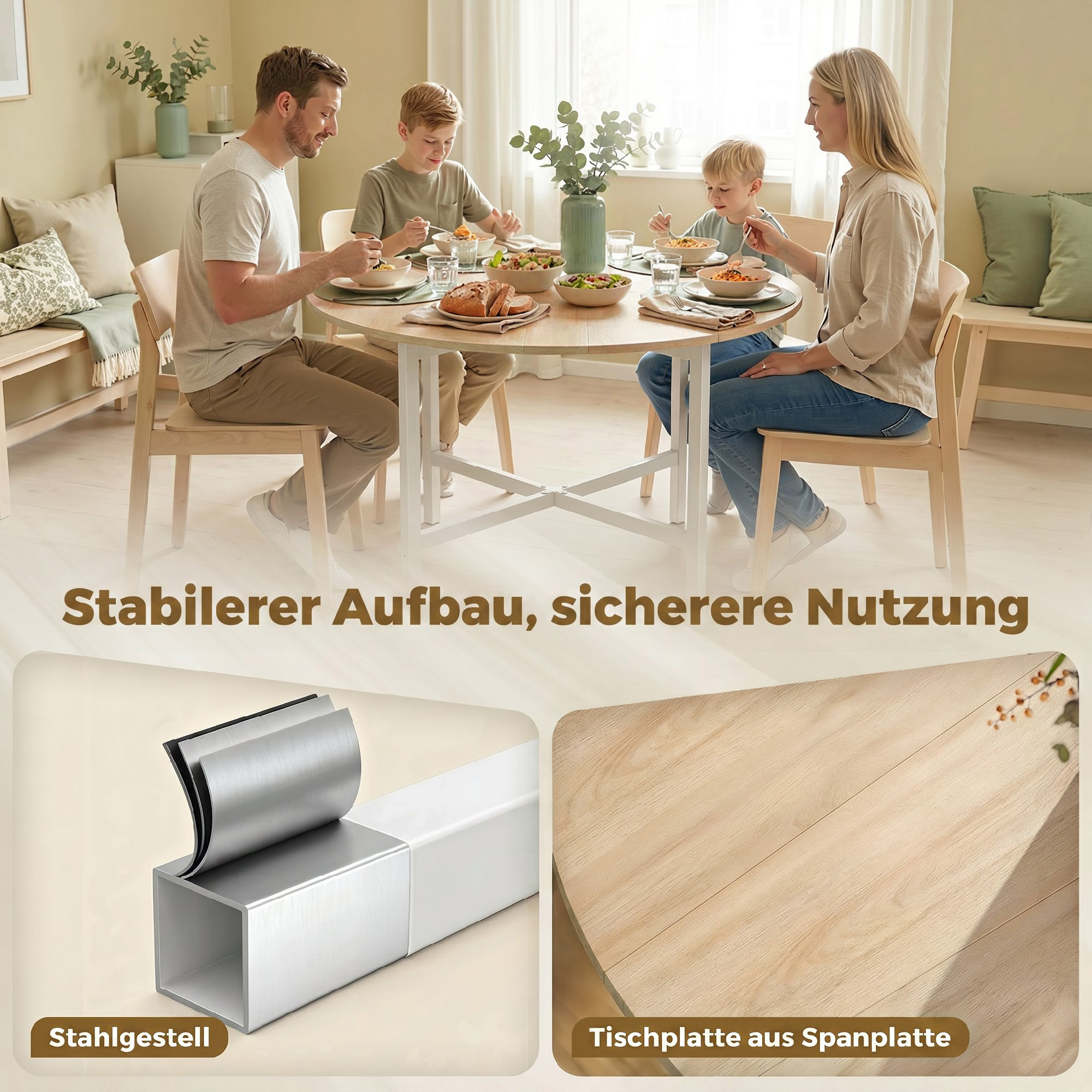 klappbarer Esstisch, 80 cm Runder Klapptisch mit Stahlrahmen, Platz für 2-4 Personen, Naturholz-Optik