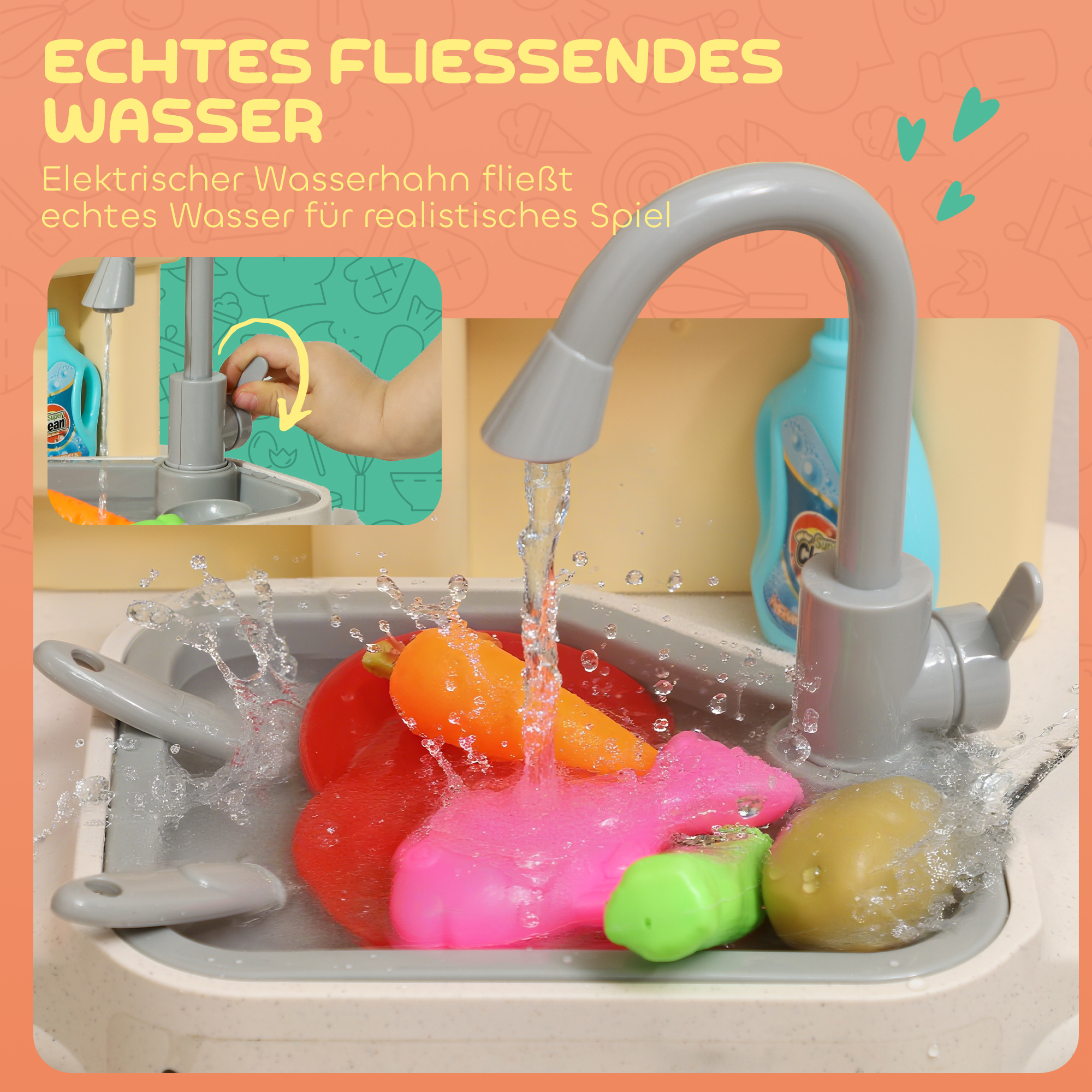 Spielküche mit fließendem Wasser, 85-teiliges Zubehör, elektrischer Wasserhahn, Lichter, Geräusche, für Kinder von 3-6
