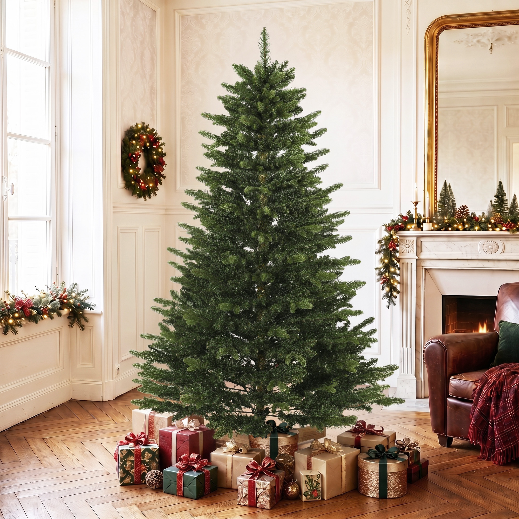 künstlicher Weihnachtsbaum 180 cm, Fraser-Tanne mit Holzständer, 988 realistische Zweigspitzen für Zuhause und Büro, Grün
