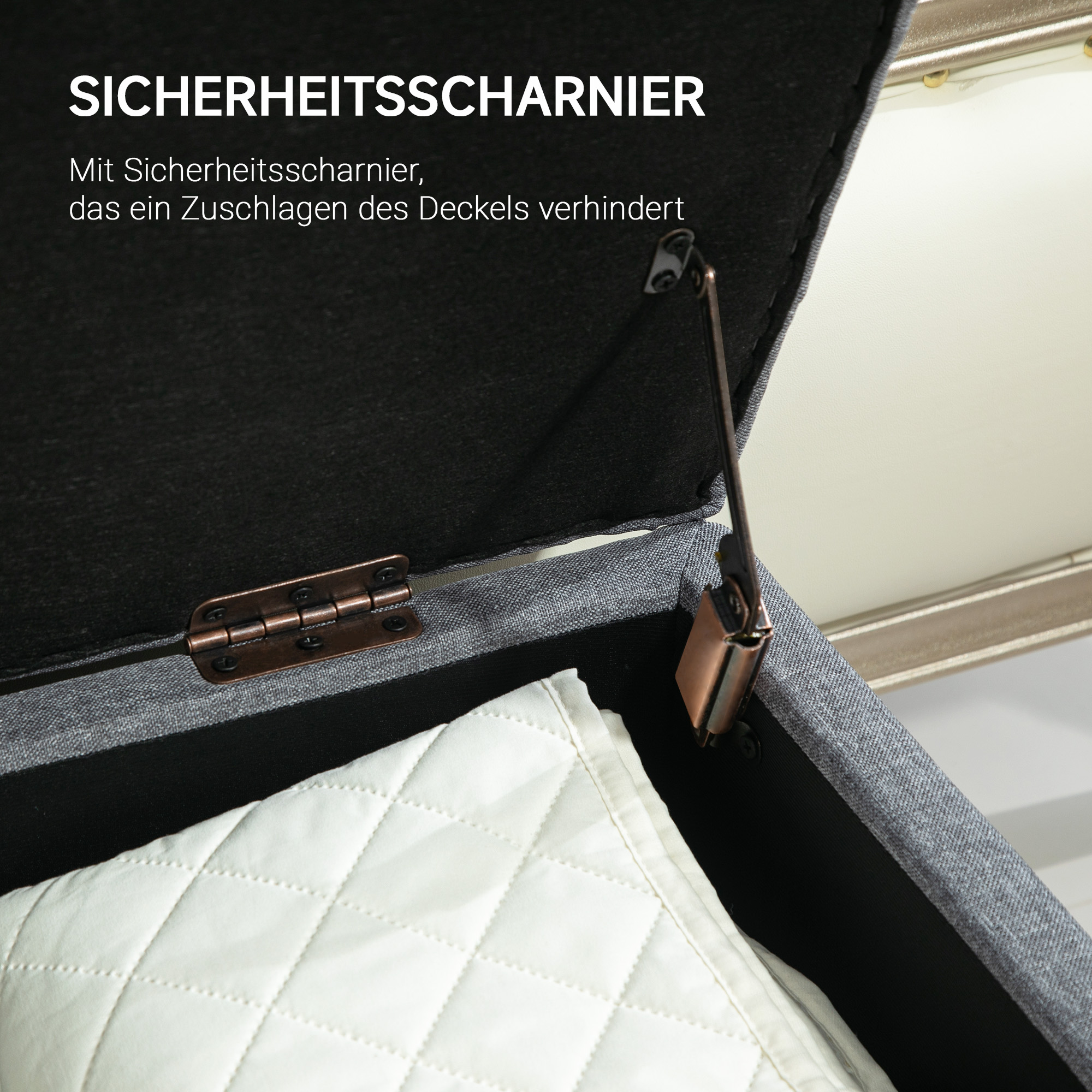Sitzbank, Polsterbank mit Stauraum, leinenartiges Polyester, Kautschukholz, 100 x 40 x 44 cm, Hellgrau