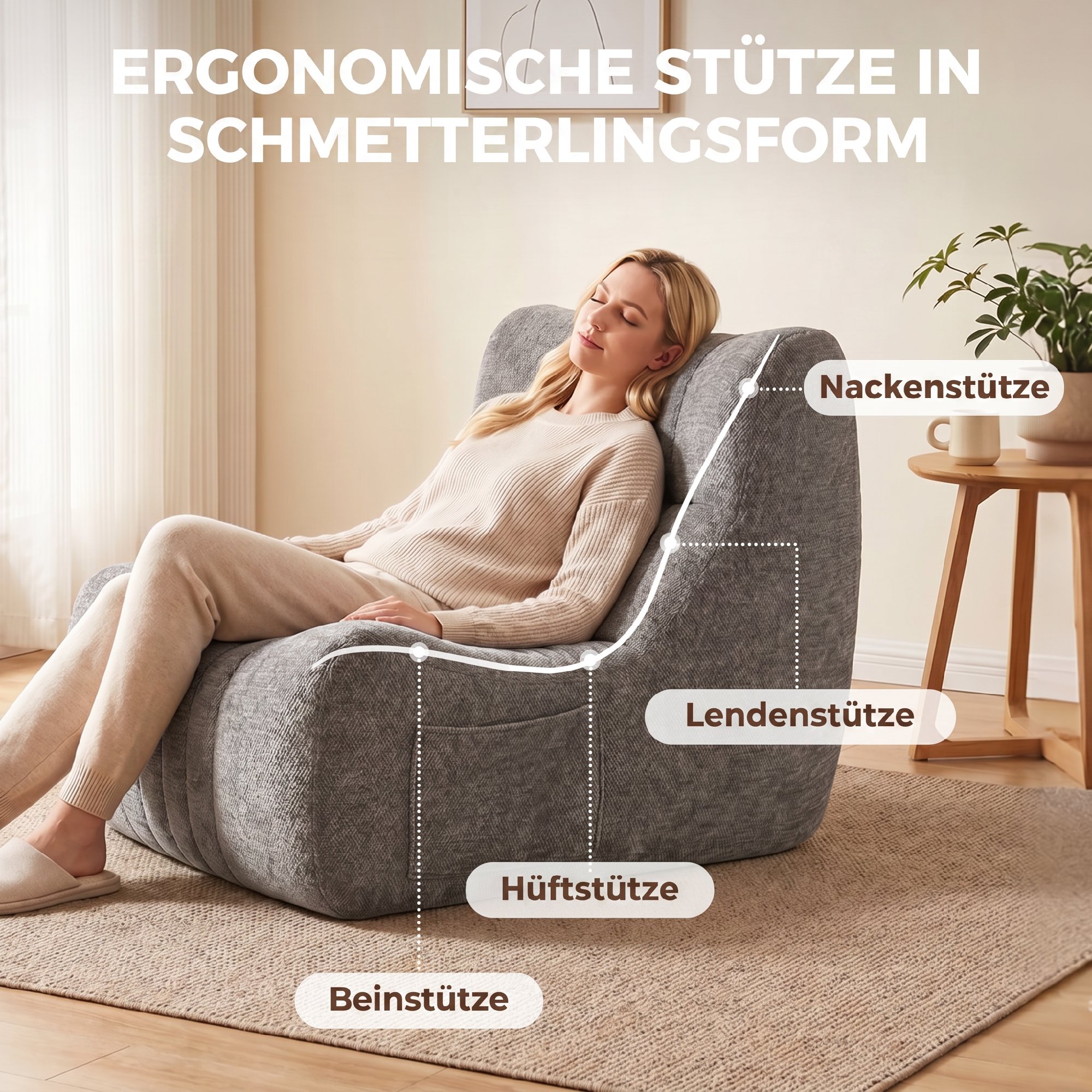 Bodensessel mit Rückenlehne, rahmenloser Gaming-Sessel für Erwachsene mit Seitentaschen, für Wohnzimmer und Schlafzimmer