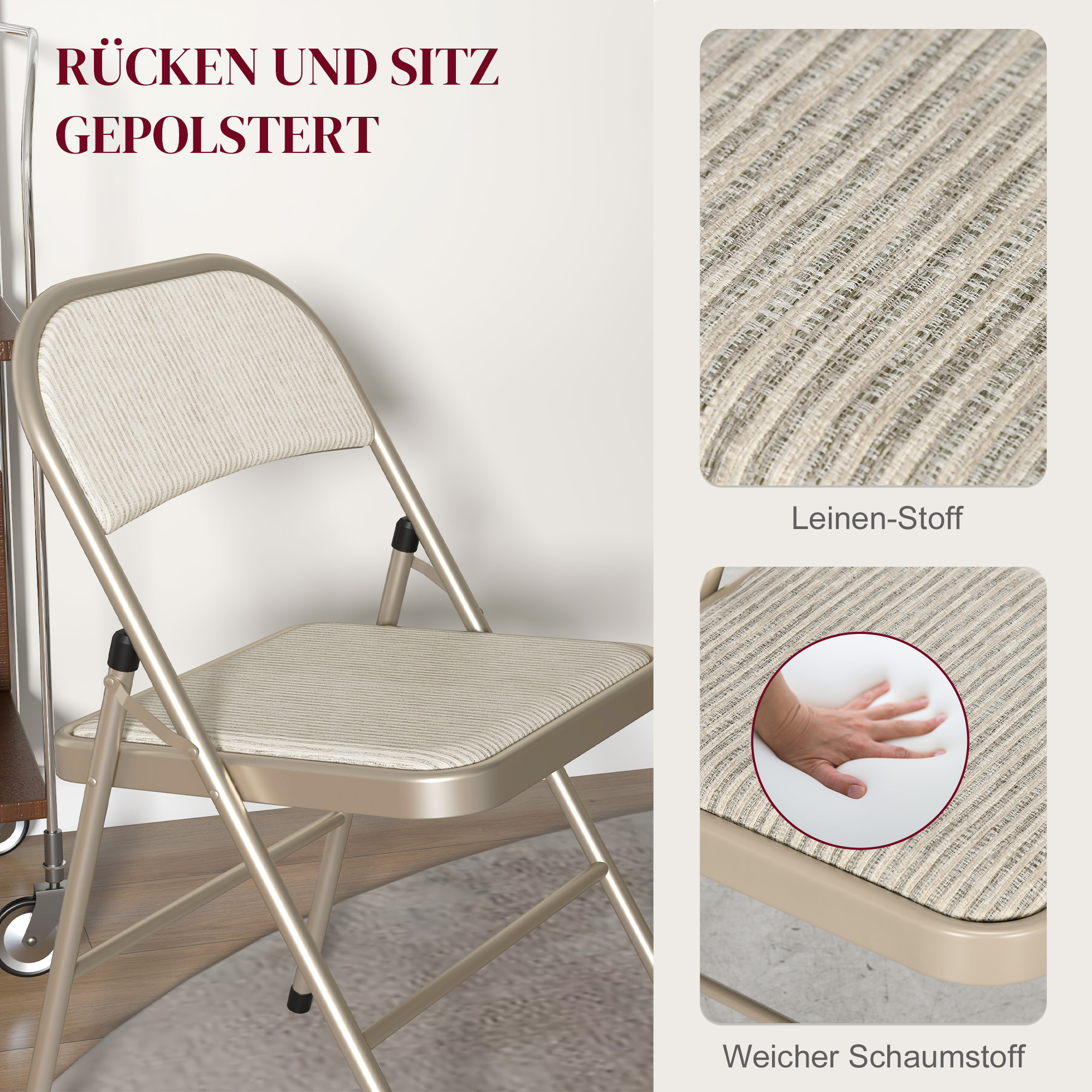 4er-Set Klappstühle, Tragbare Bürostühle, Stahlbeine, Faltstuhl für Büro, Empfang, Wartezimmer, Leinenoptik Beige