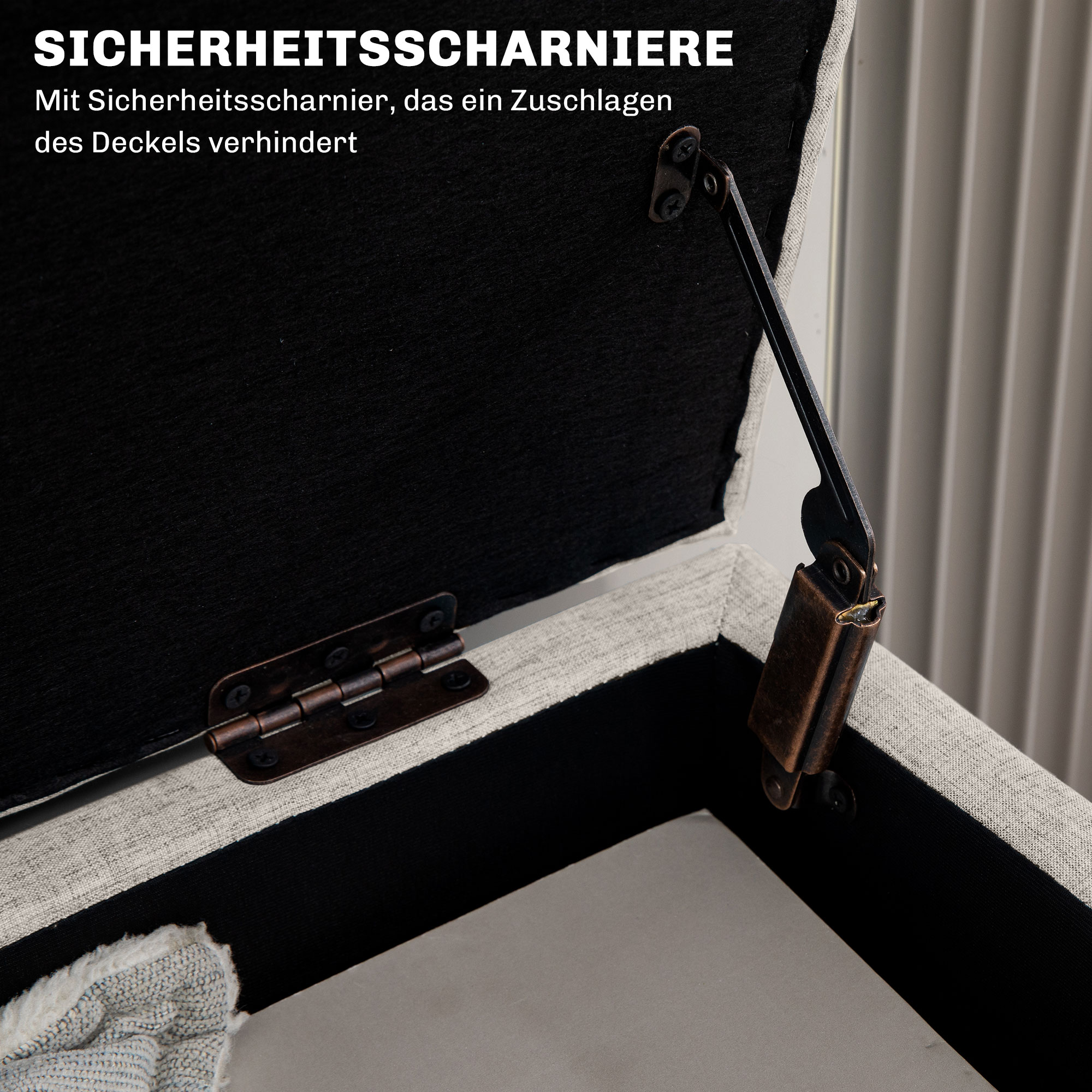 Sitzbank mit Stauraum, bis 220 kg, Leinenoptik, 110x39x45cm, Beige