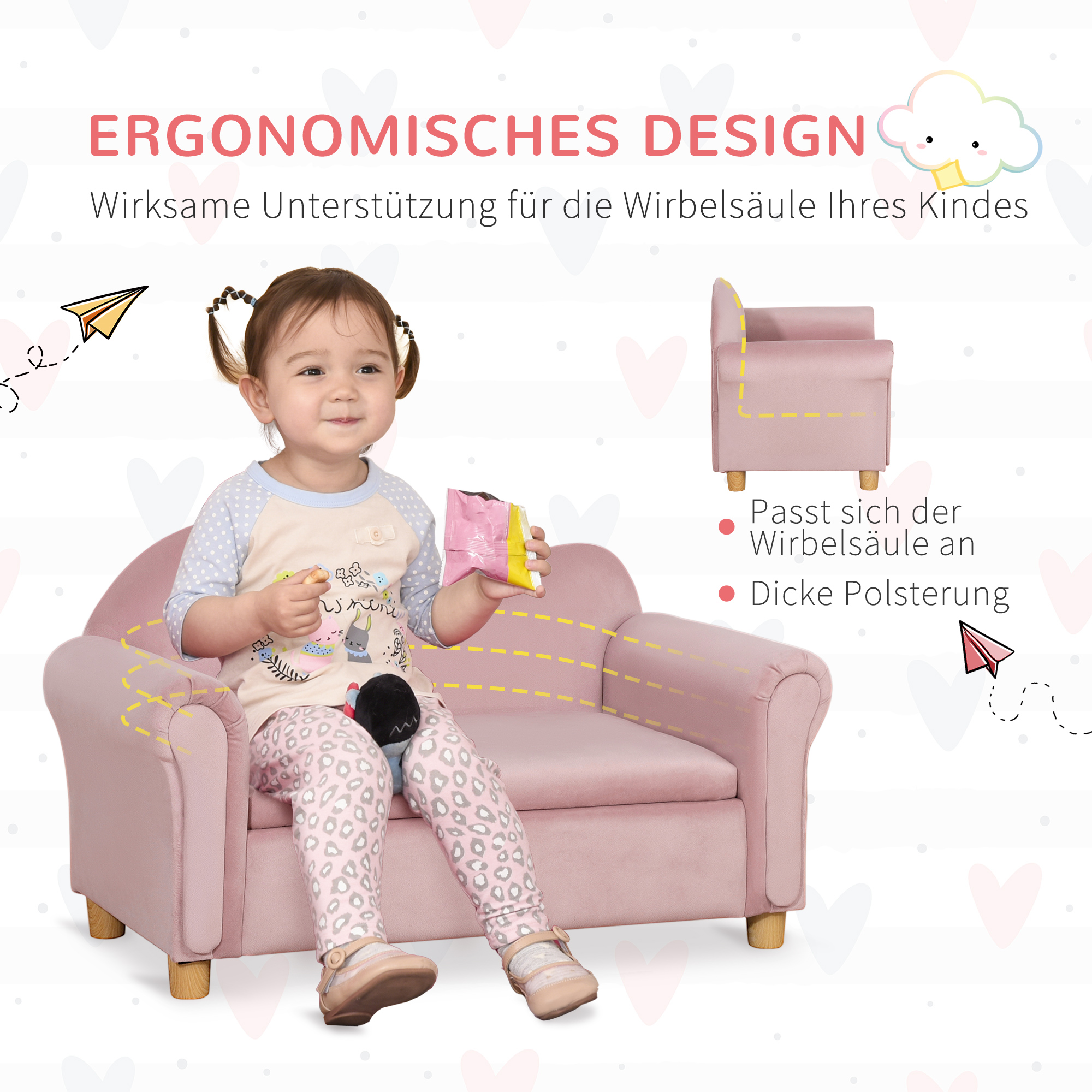 Kindersofa, Zweisitzer für Kinder 3-5 Jahre, Stauraum, Naturholzrahmen, 84 x 41,5 x 48,5cm, rosa