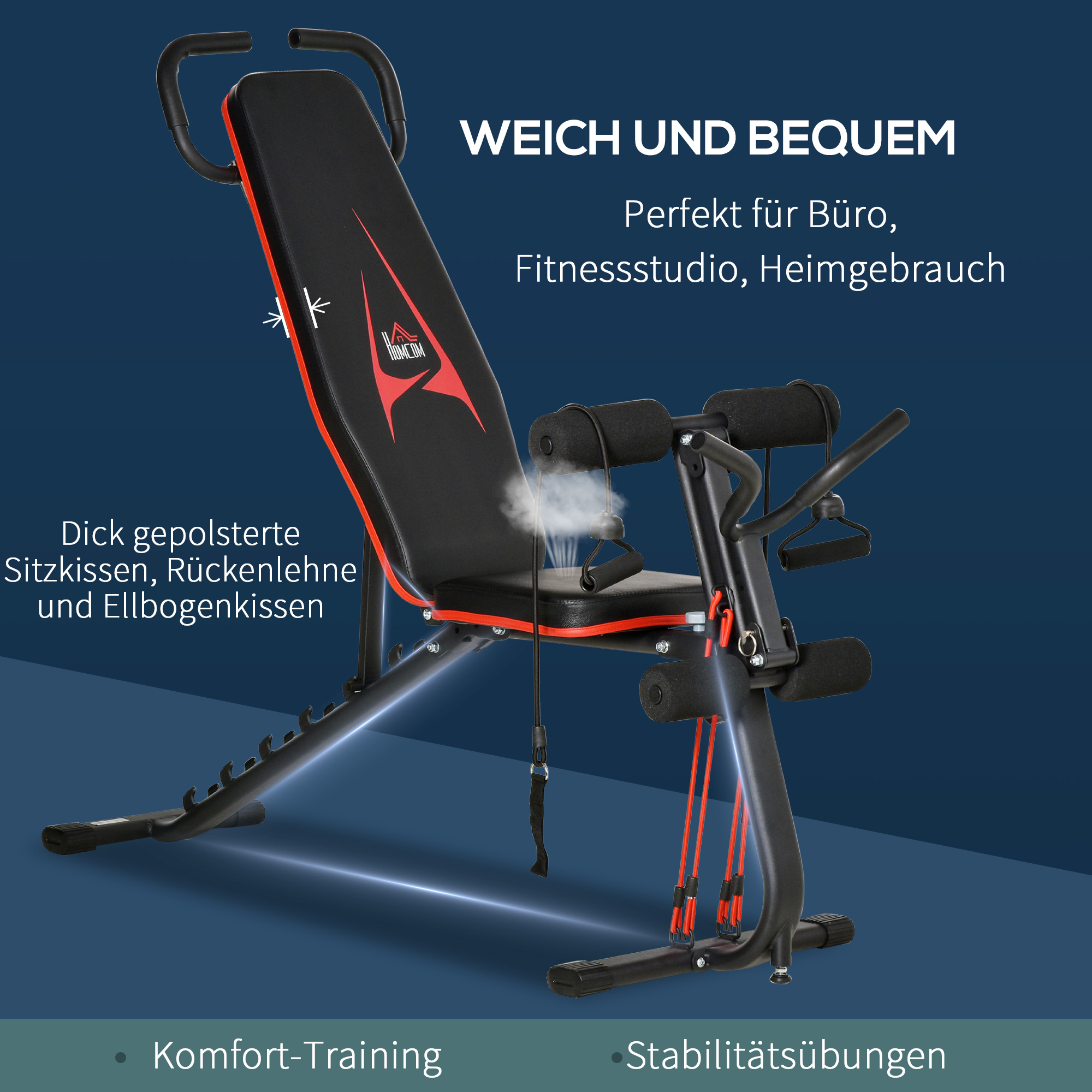 Hantelbank verstellbare Trainingsbank mit elastischer Seils Sit Up-Bank für Heimtraining 6 Stufen Rückenlehne-Gefälle Gewicht bis 150 kg Stahl Kunstleder Schwarz+Rot 145 x 49 x 48-127 cm