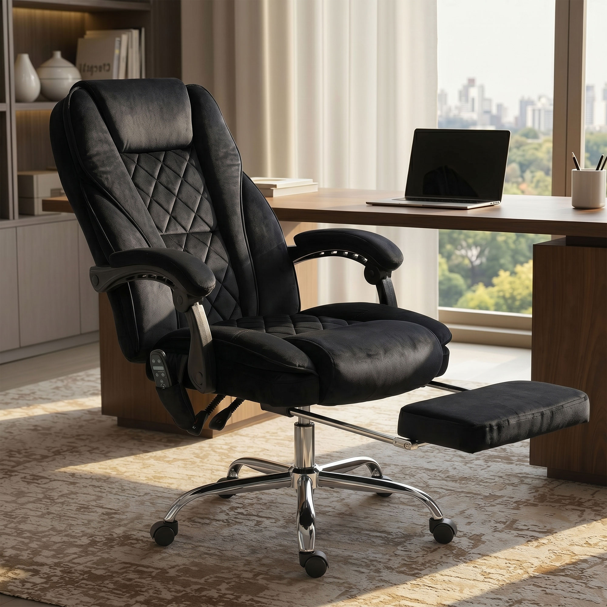 Ergonomischer Bürostuhl mit Massagefunktion, Fußstütze, drehbar, rollbar, Schwarz