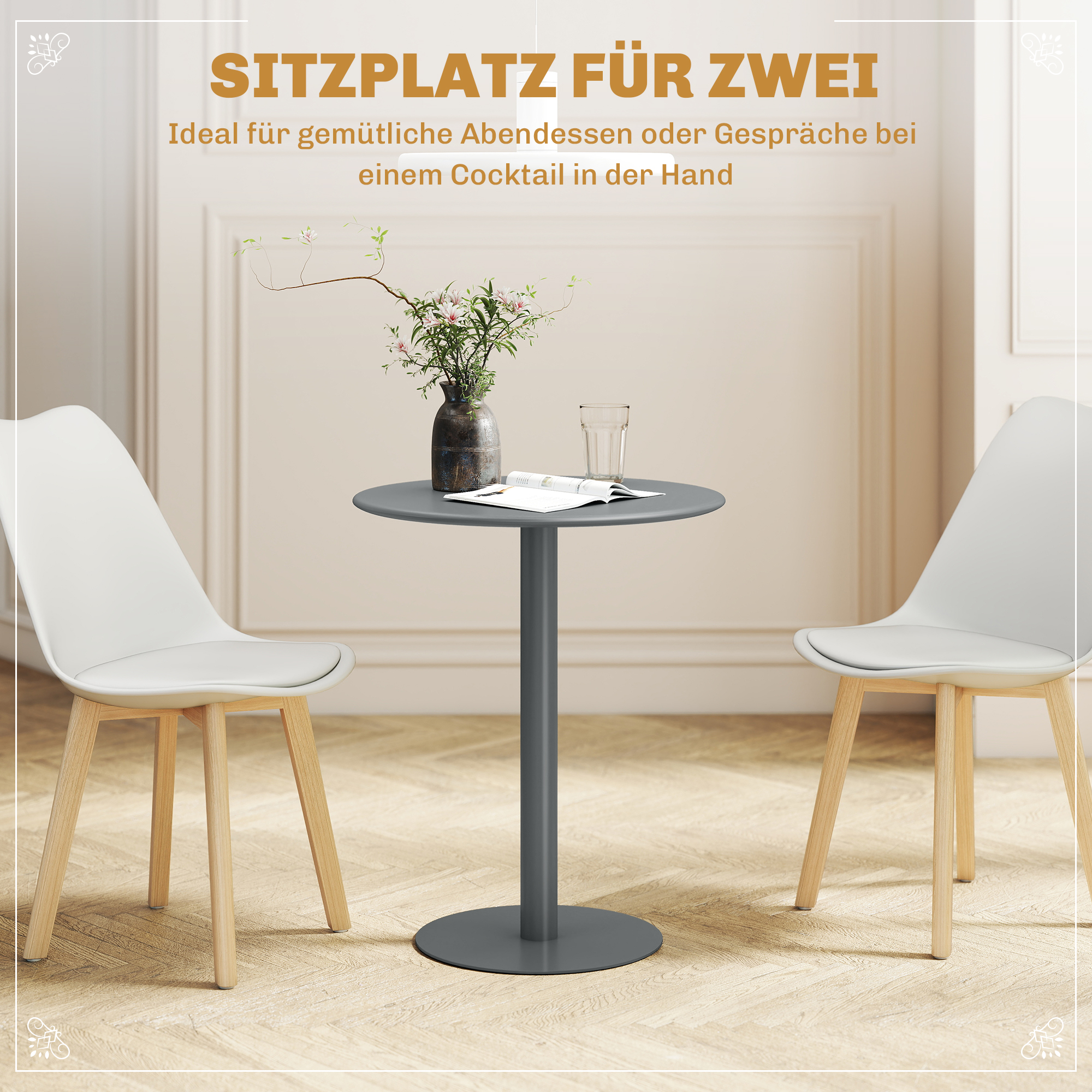 runder Esstisch für 2 Personen, Stahl, für drinnen und draußen, Grau