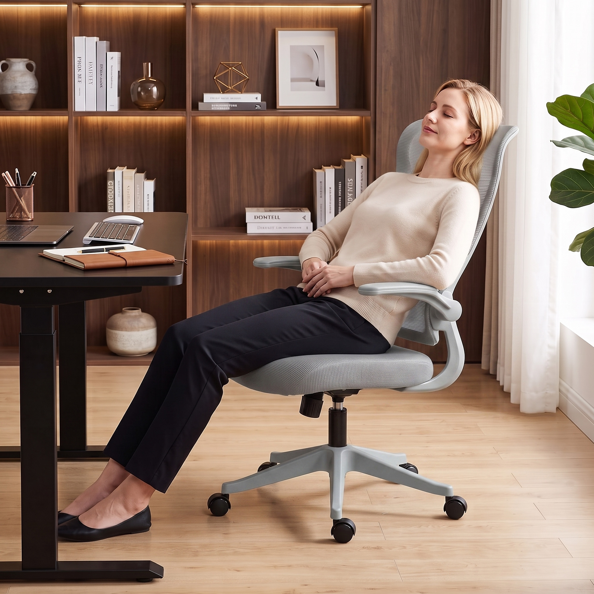 ergonomischer Mesh-Bürostuhl, drehbarer Stuhl mit hoher Rückenlehne, klappbaren Armlehnen, Wippfunktion, Grau