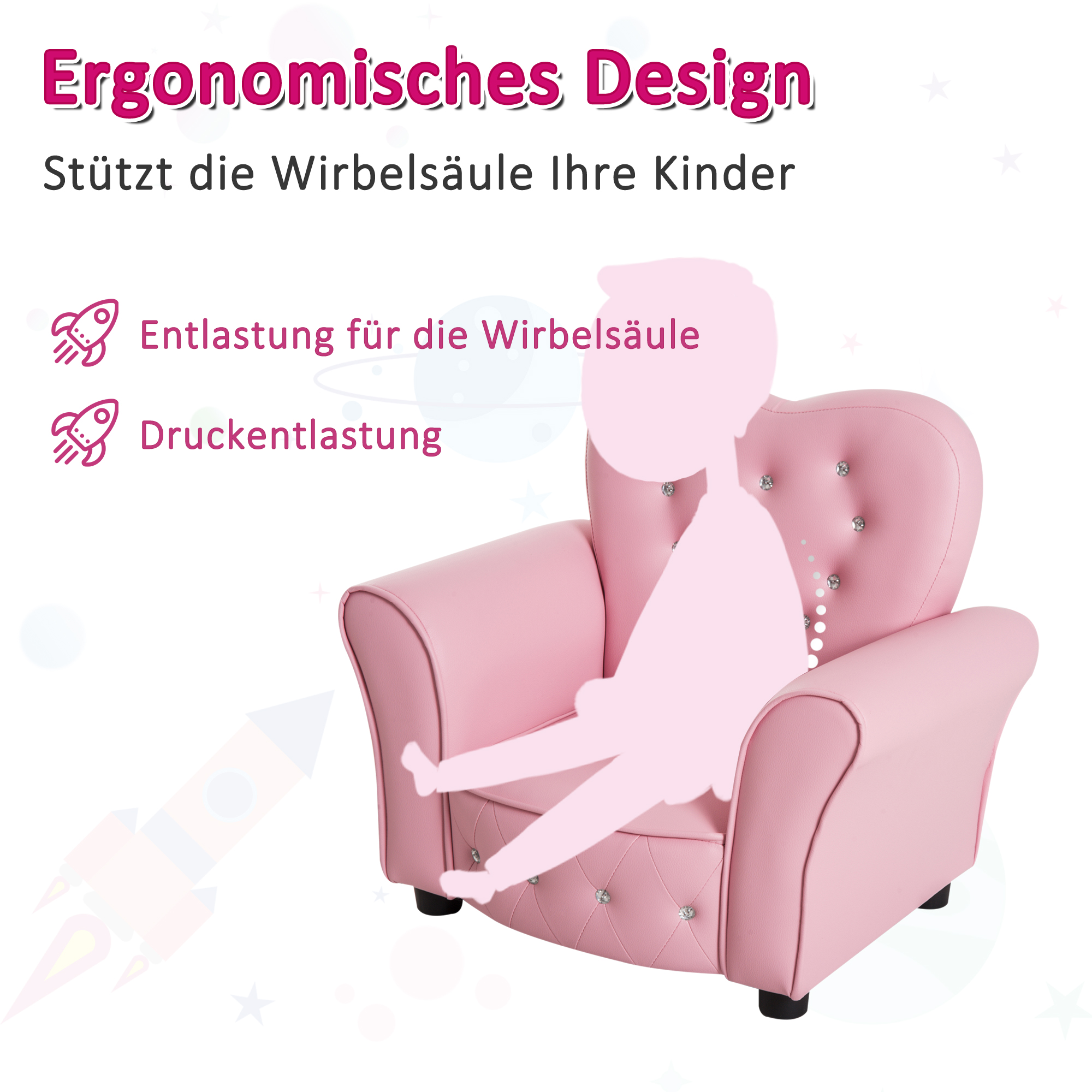 Kindersessel Kindersofa, massiven Holzfüßen Sessel aus Schaumstoff Kinderstuhl für Kinderzimmer, Spielzimmer, 59 x 41,5 x 49 cm, für Kinder 1,5-3 Jahre Rosa